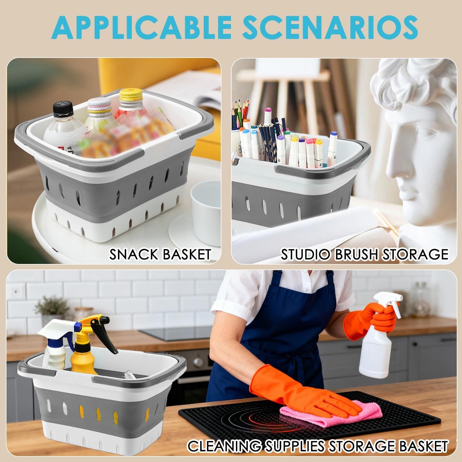 image:imageFammart Portable Shower Caddy Tote Collapsible Plastic Basket with Handles Foldable Storage Organizer for Bathroom Kitchen College Dorm Gym Travel amp Camping BlueCollapsible Gray