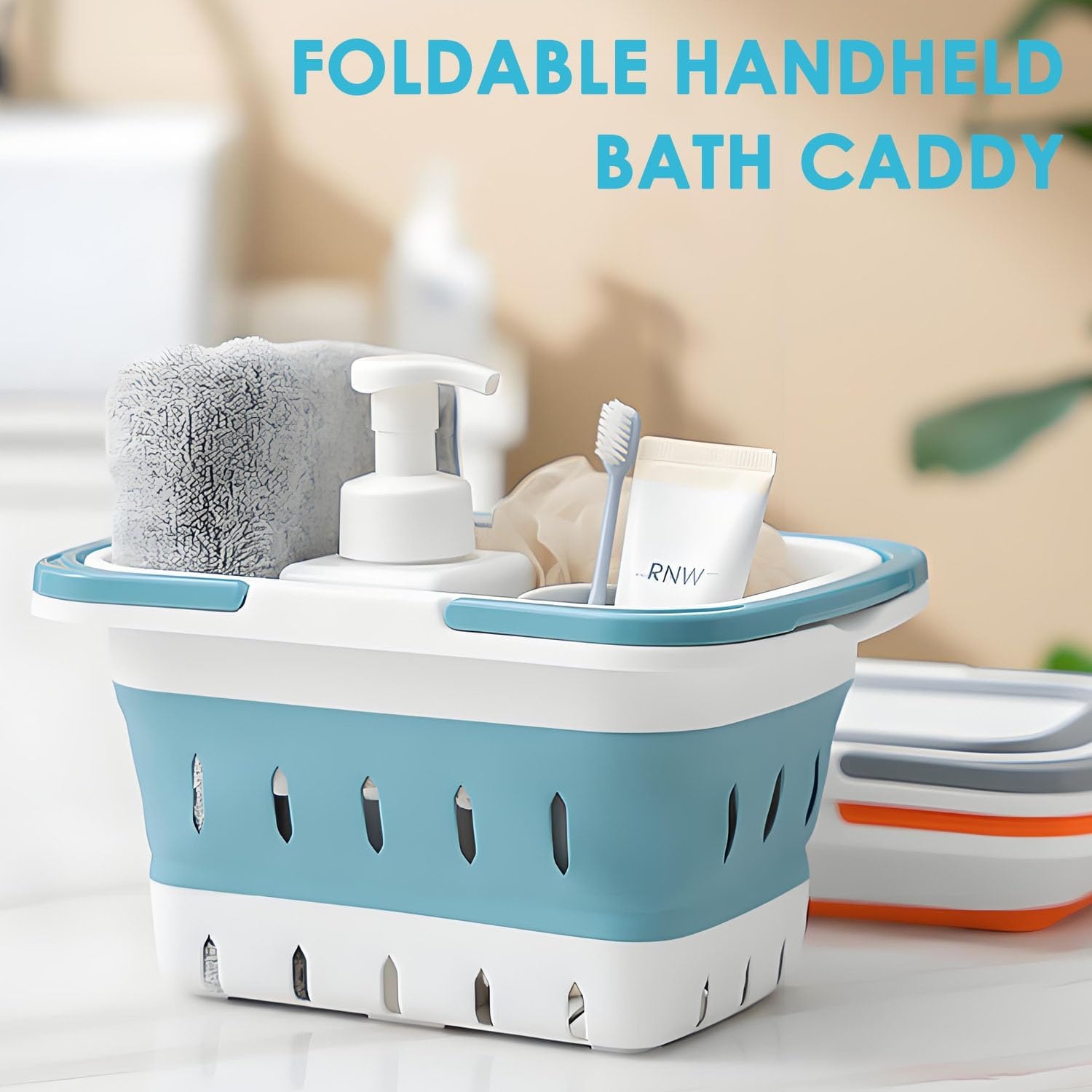 image:imageFammart Portable Shower Caddy Tote Collapsible Plastic Basket with Handles Foldable Storage Organizer for Bathroom Kitchen College Dorm Gym Travel amp Camping BlueCollapsible Blue