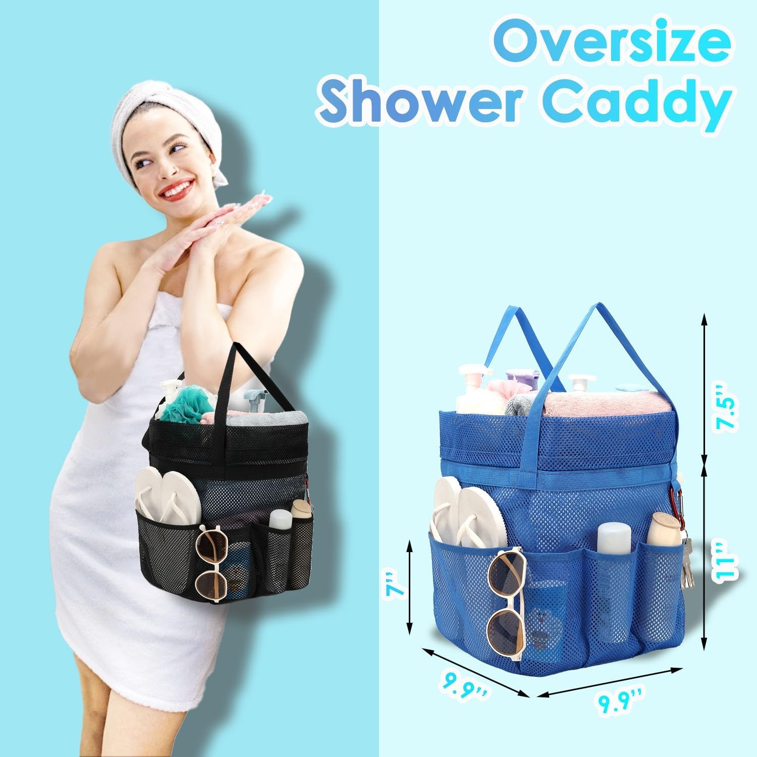 image:imageFammart Portable Shower Caddy Tote Collapsible Plastic Basket with Handles Foldable Storage Organizer for Bathroom Kitchen College Dorm Gym Travel amp Camping BlueExtra Large Drawstring Closure Blue