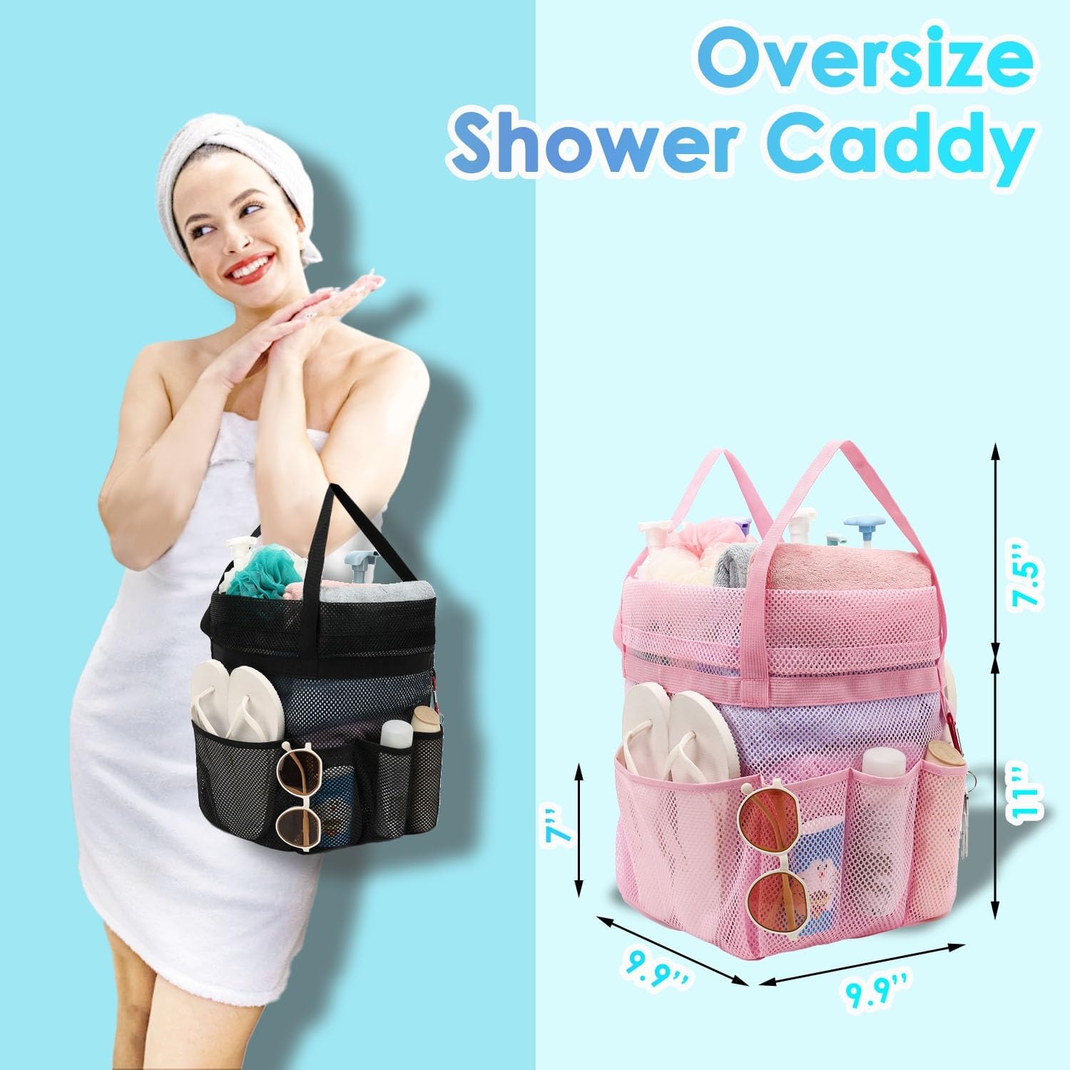 image:imageFammart Portable Shower Caddy Tote Collapsible Plastic Basket with Handles Foldable Storage Organizer for Bathroom Kitchen College Dorm Gym Travel amp Camping BlueExtra Large Drawstring Closure Pink