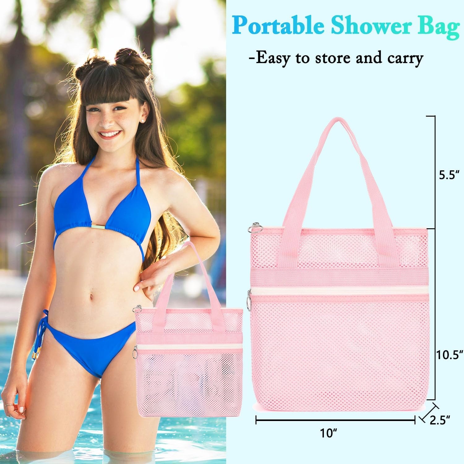 image:imageFammart Portable Shower Caddy Tote Collapsible Plastic Basket with Handles Foldable Storage Organizer for Bathroom Kitchen College Dorm Gym Travel amp Camping BlueSmall Zipper Closure Pink