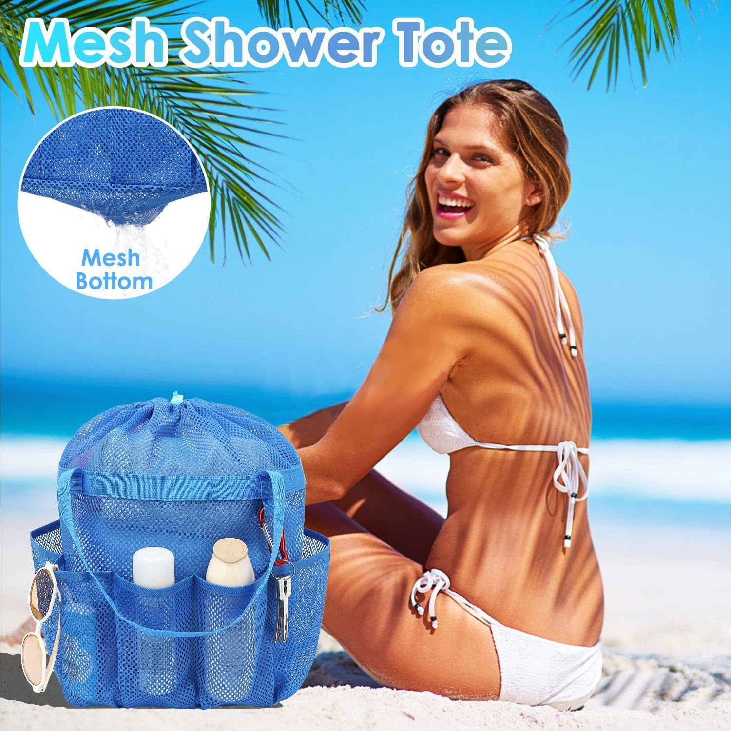 image:imageFammart Portable Shower Caddy Tote Collapsible Plastic Basket with Handles Foldable Storage Organizer for Bathroom Kitchen College Dorm Gym Travel amp Camping BlueExtra Large Drawstring Closure Blue