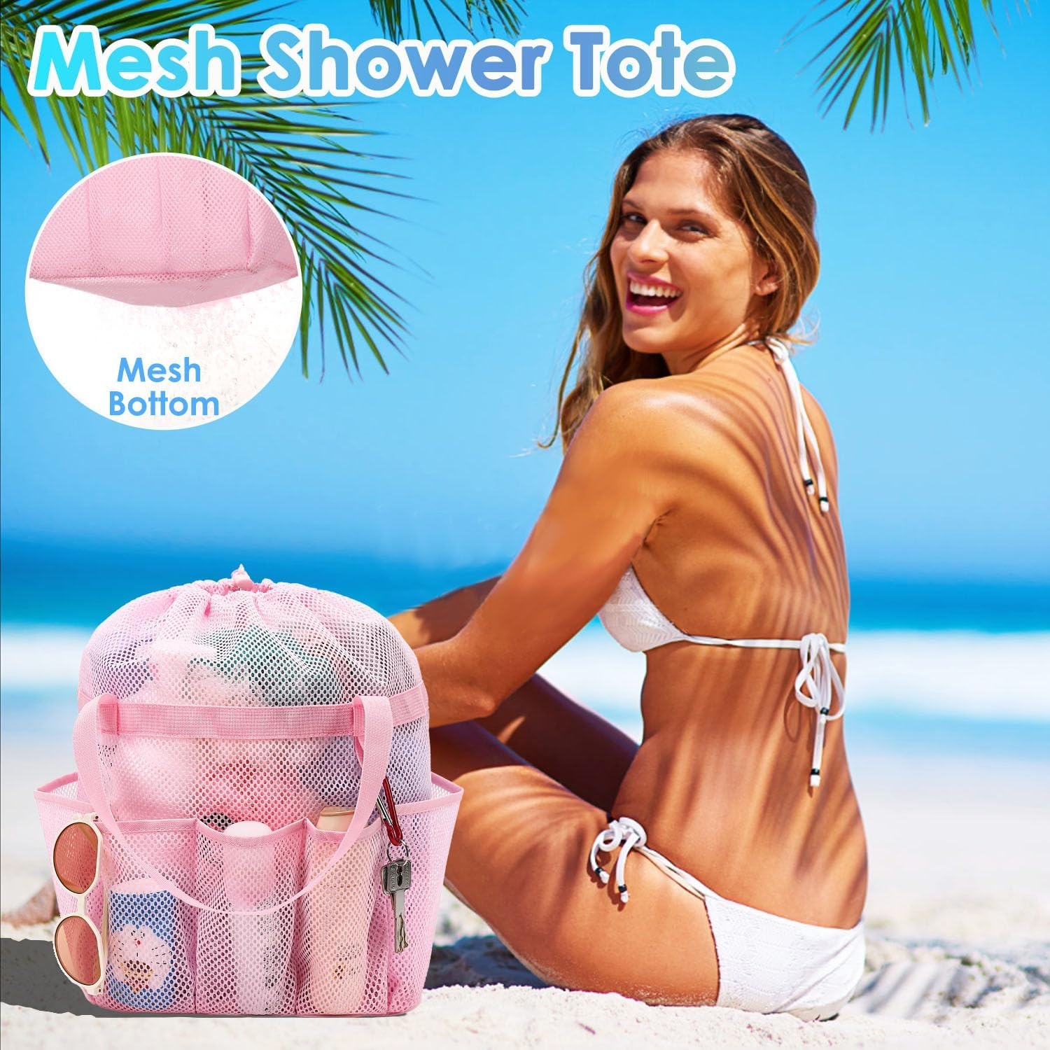 image:imageFammart Portable Shower Caddy Tote Collapsible Plastic Basket with Handles Foldable Storage Organizer for Bathroom Kitchen College Dorm Gym Travel amp Camping BlueExtra Large Drawstring Closure Pink