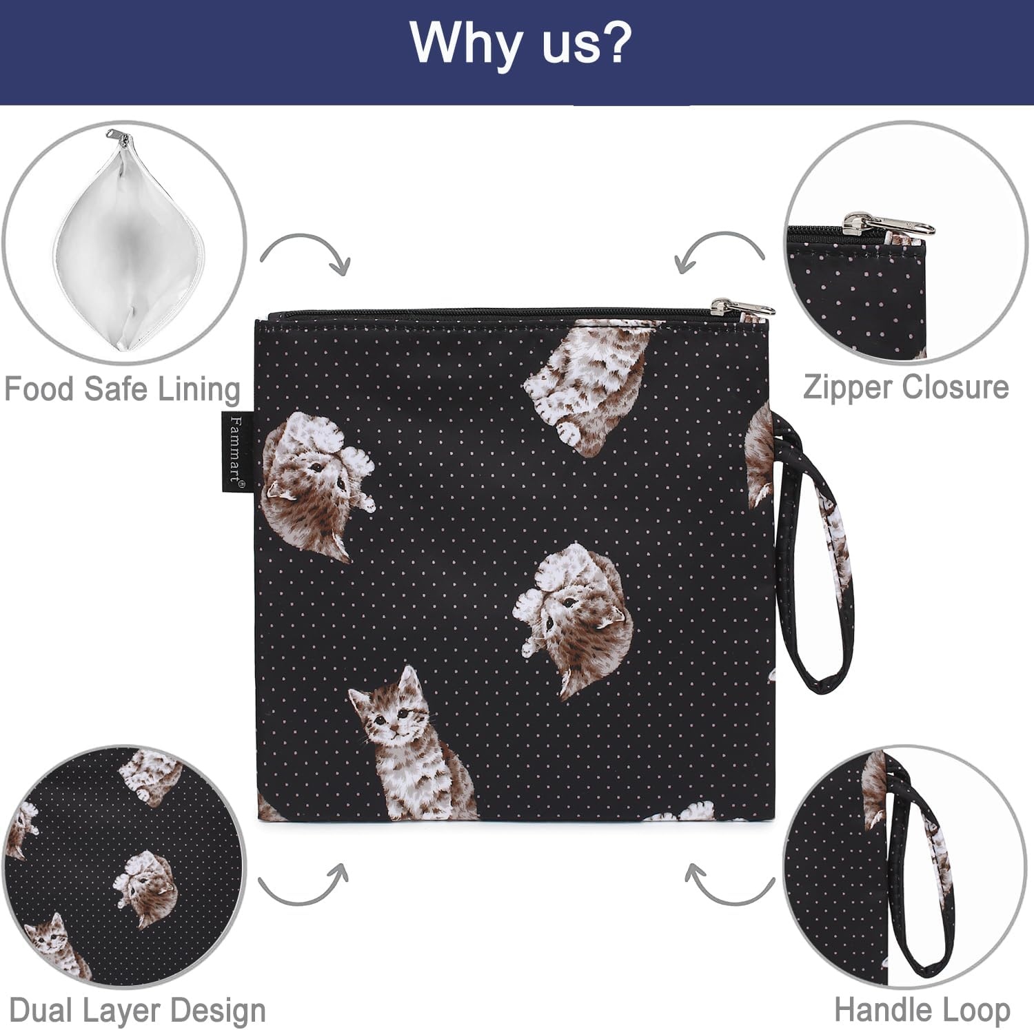 image:imageFammart Reusable Sandwich BagSnack Bag for Kids amp Adults Dual Layer Lunch Bag with Handle Washable Food Safe BPA Free 2Pack Colorful DonutLarge 1 Pack DotCat