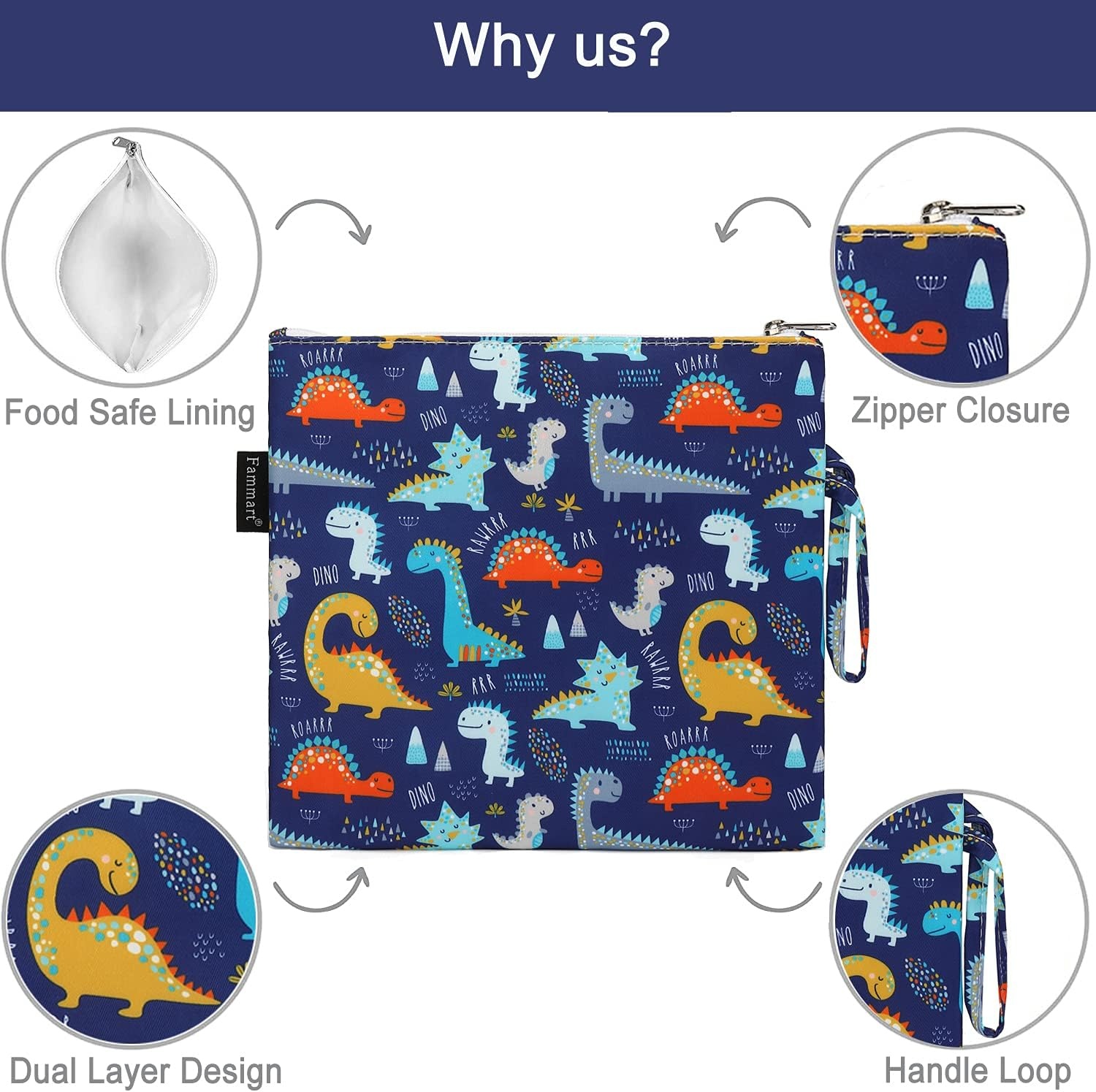 image:imageFammart Reusable Sandwich BagSnack Bag for Kids amp Adults Dual Layer Lunch Bag with Handle Washable Food Safe BPA Free 2Pack Colorful DonutLarge 1 Pack Dinosaur
