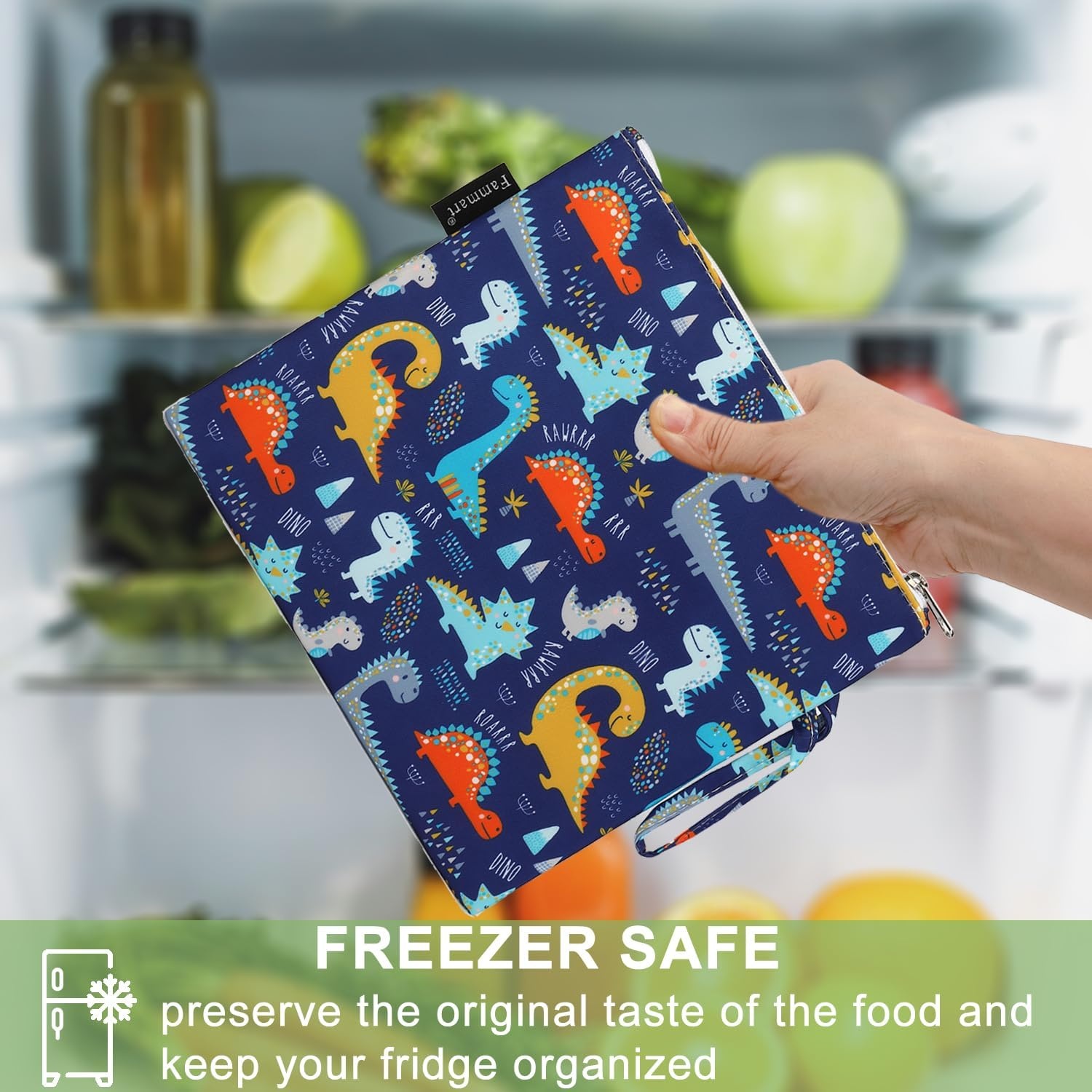 image:imageFammart Reusable Sandwich BagSnack Bag for Kids amp Adults Dual Layer Lunch Bag with Handle Washable Food Safe BPA Free 2Pack Colorful DonutLarge 1 Pack Dinosaur