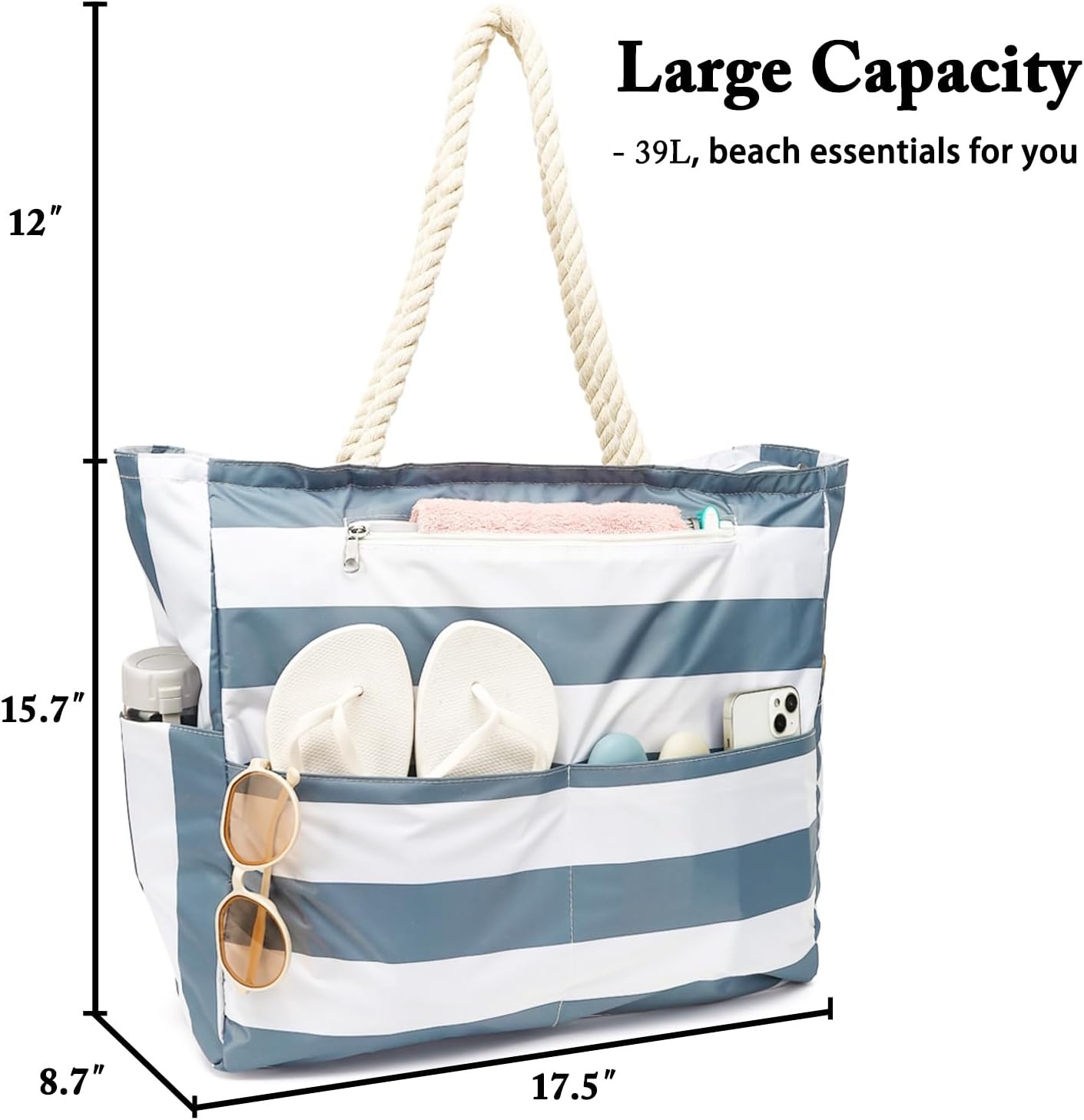 image:imageFammart Beach Bags Waterproof Sandproof for Women Large Canvas Pool Bag with Leakproof Wet Pocket amp Zipper Cruise EssentialsOxford Large Dark Grey