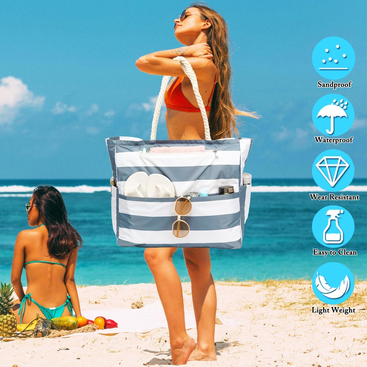 image:imageFammart Beach Bags Waterproof Sandproof for Women Large Canvas Pool Bag with Leakproof Wet Pocket amp Zipper Cruise EssentialsOxford Large Dark Grey