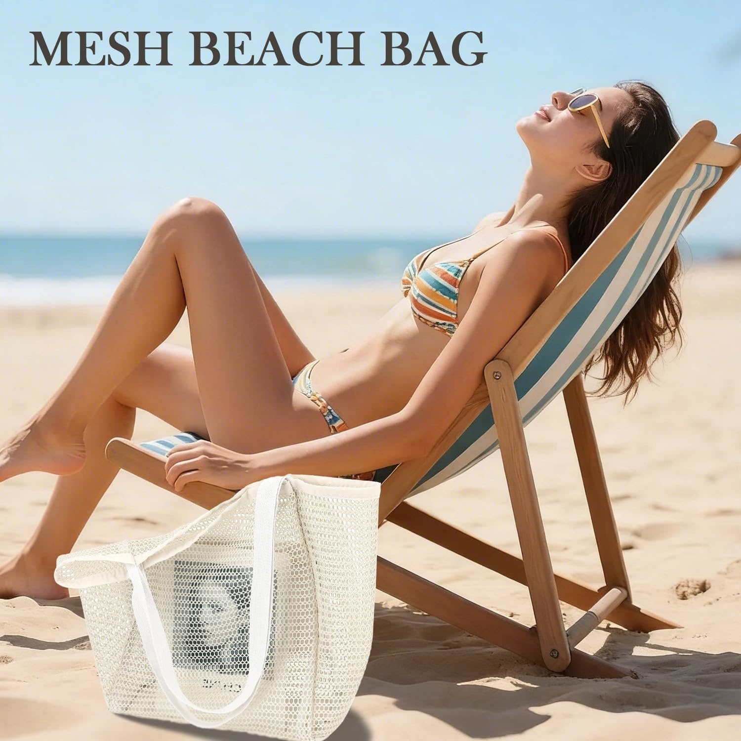 image:imageFammart Mesh Beach Bag for Women Summer Straw Tote Hobo Pool Bags with Zipper Pocket Travel Vacation Cruise Essentials 2026Large Beige