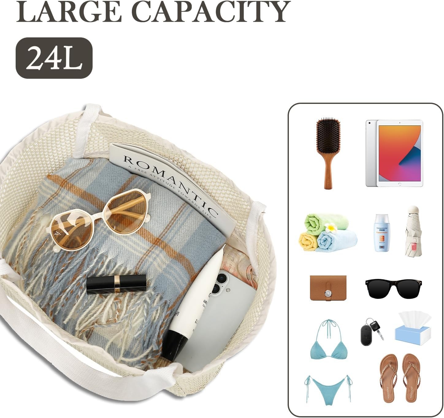 image:imageFammart Mesh Beach Bag for Women Summer Straw Tote Hobo Pool Bags with Zipper Pocket Travel Vacation Cruise Essentials 2026Large Beige