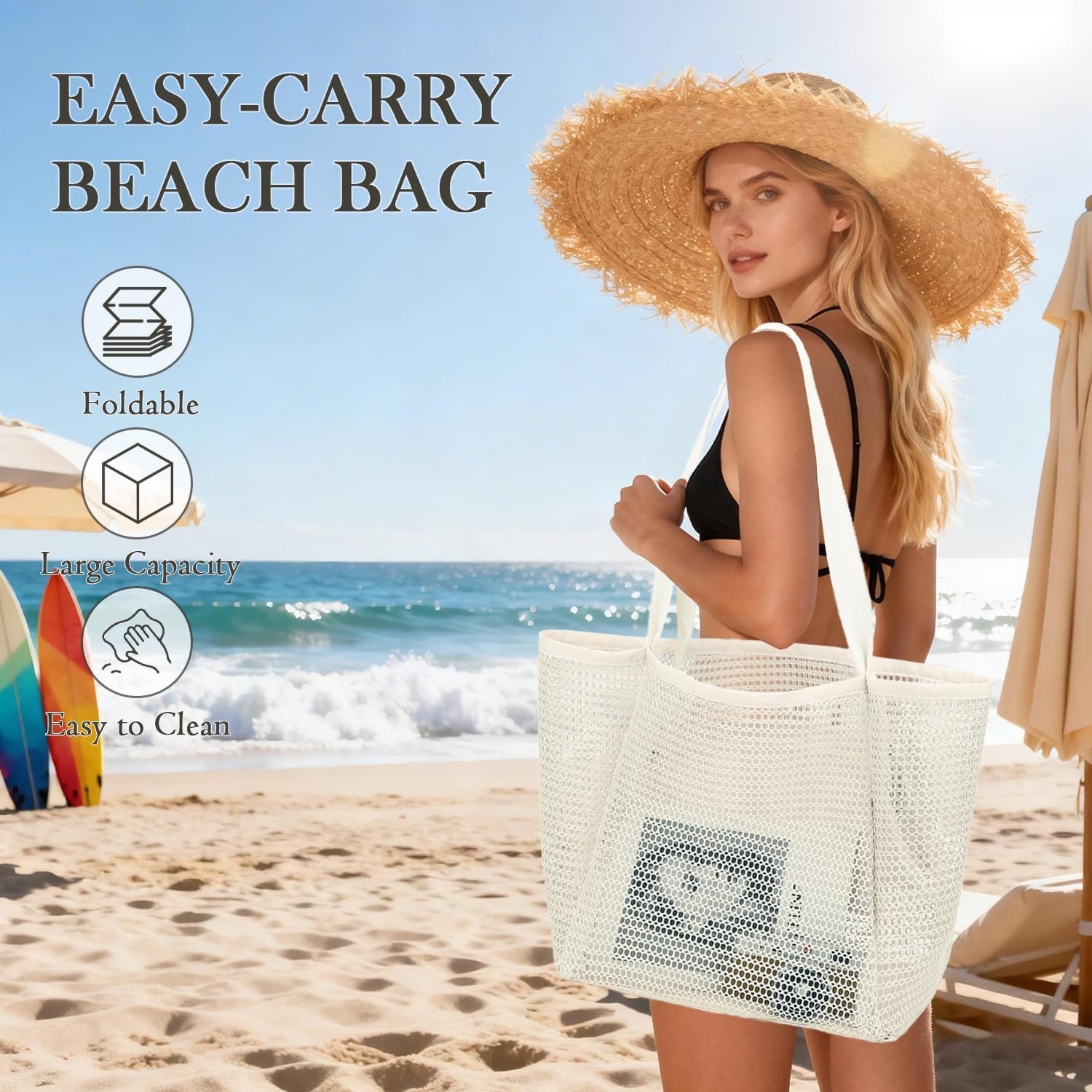 image:imageFammart Mesh Beach Bag for Women Summer Straw Tote Hobo Pool Bags with Zipper Pocket Travel Vacation Cruise Essentials 2026Large Beige