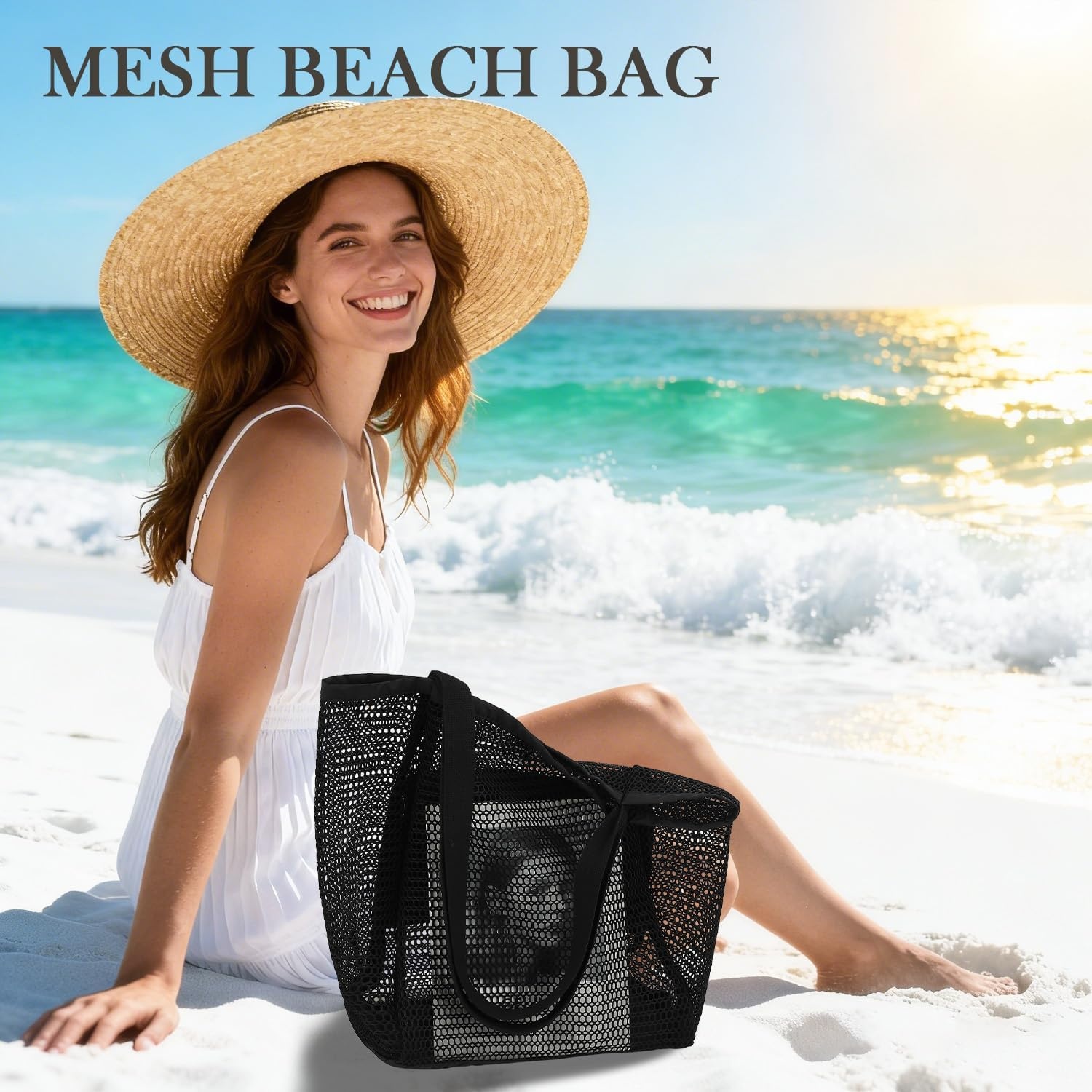 image:imageFammart Mesh Beach Bag for Women Summer Straw Tote Hobo Pool Bags with Zipper Pocket Travel Vacation Cruise Essentials 2026Large Black