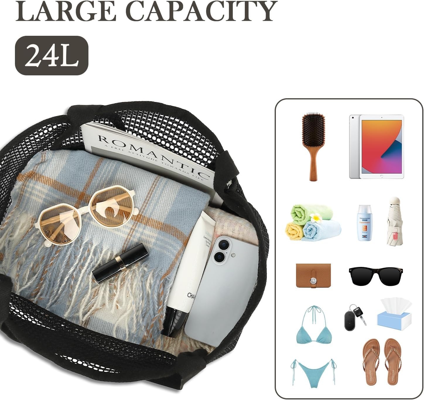 image:imageFammart Mesh Beach Bag for Women Summer Straw Tote Hobo Pool Bags with Zipper Pocket Travel Vacation Cruise Essentials 2026Large Black