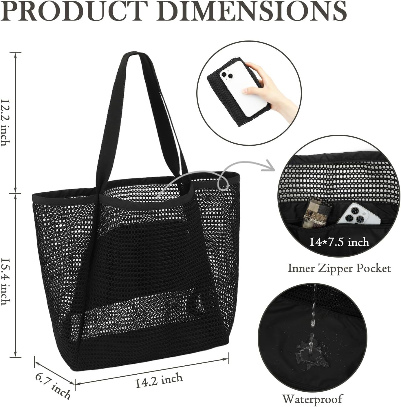 image:imageFammart Mesh Beach Bag for Women Summer Straw Tote Hobo Pool Bags with Zipper Pocket Travel Vacation Cruise Essentials 2026Large Black