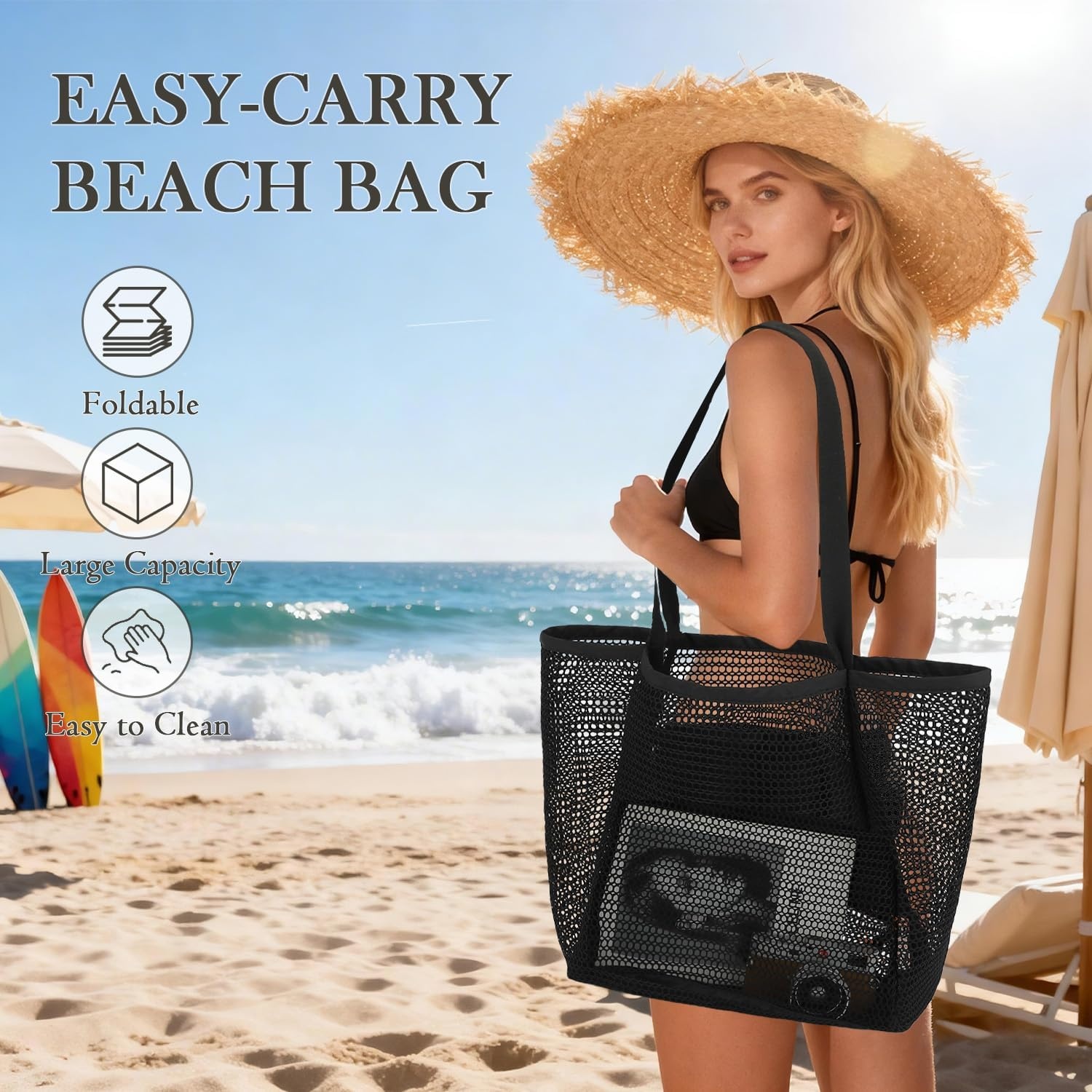 image:imageFammart Mesh Beach Bag for Women Summer Straw Tote Hobo Pool Bags with Zipper Pocket Travel Vacation Cruise Essentials 2026Large Black