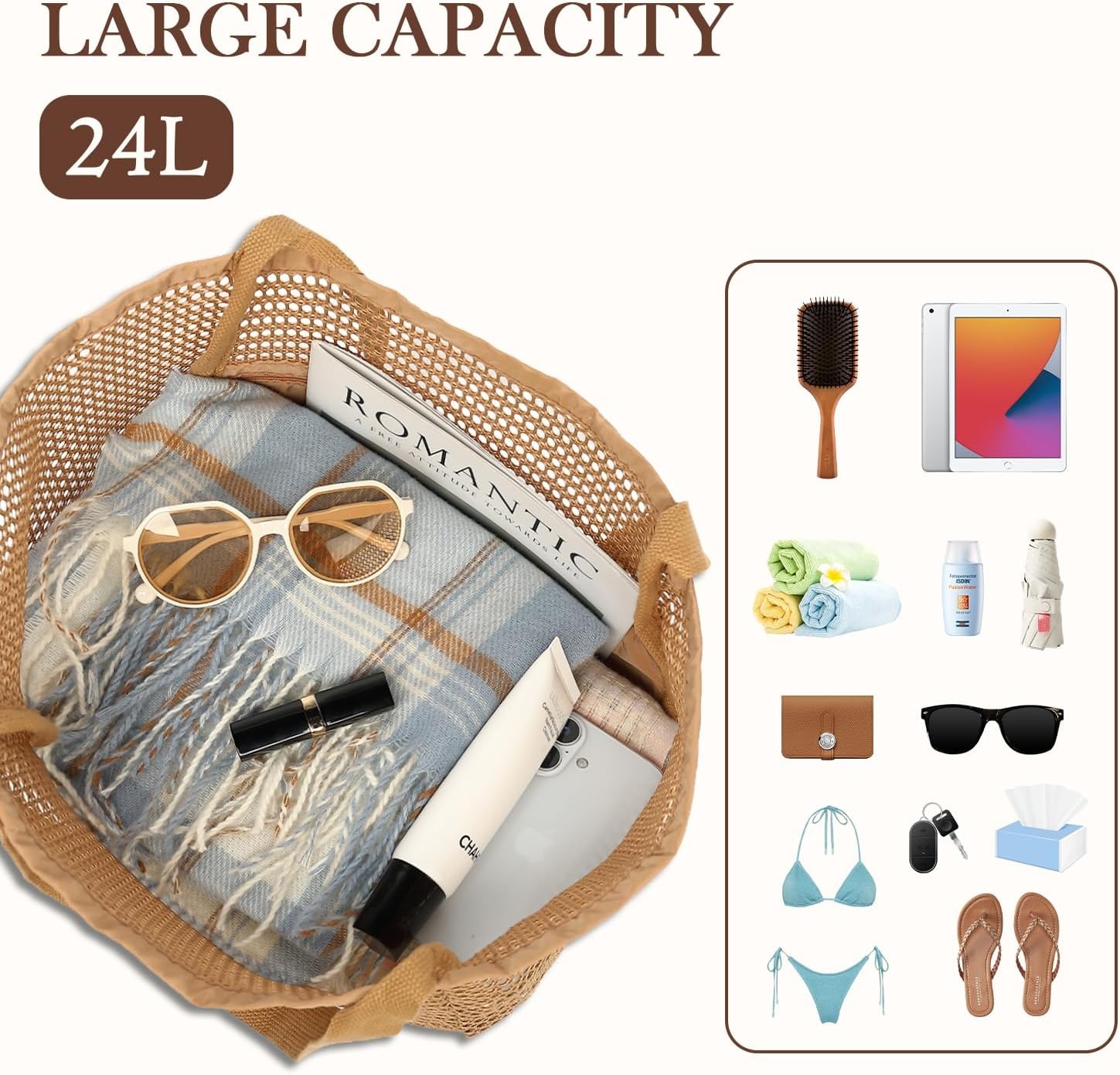 image:imageFammart Mesh Beach Bag for Women Summer Straw Tote Hobo Pool Bags with Zipper Pocket Travel Vacation Cruise Essentials 2026Large Tan