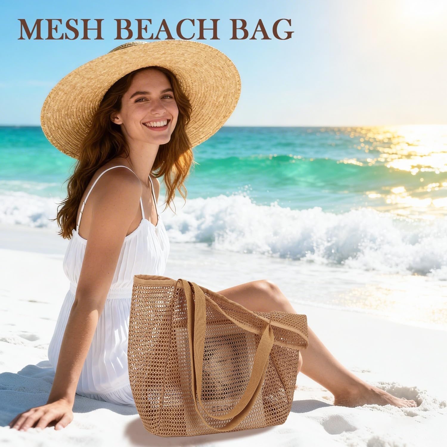image:imageFammart Mesh Beach Bag for Women Summer Straw Tote Hobo Pool Bags with Zipper Pocket Travel Vacation Cruise Essentials 2026Large Tan