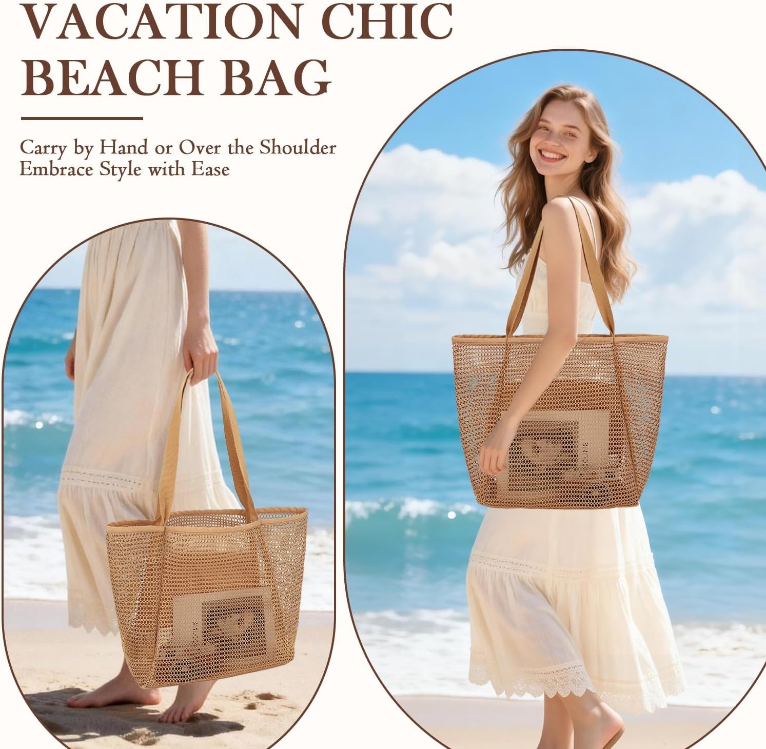 image:imageFammart Mesh Beach Bag for Women Summer Straw Tote Hobo Pool Bags with Zipper Pocket Travel Vacation Cruise Essentials 2026Large Tan