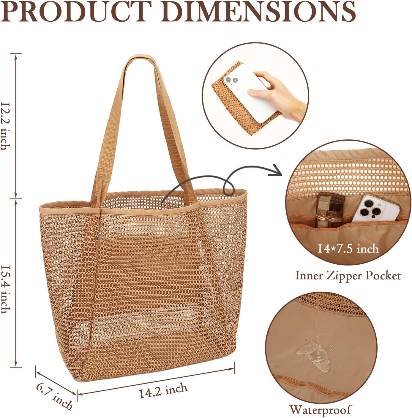 image:imageFammart Mesh Beach Bag for Women Summer Straw Tote Hobo Pool Bags with Zipper Pocket Travel Vacation Cruise Essentials 2026Large Tan