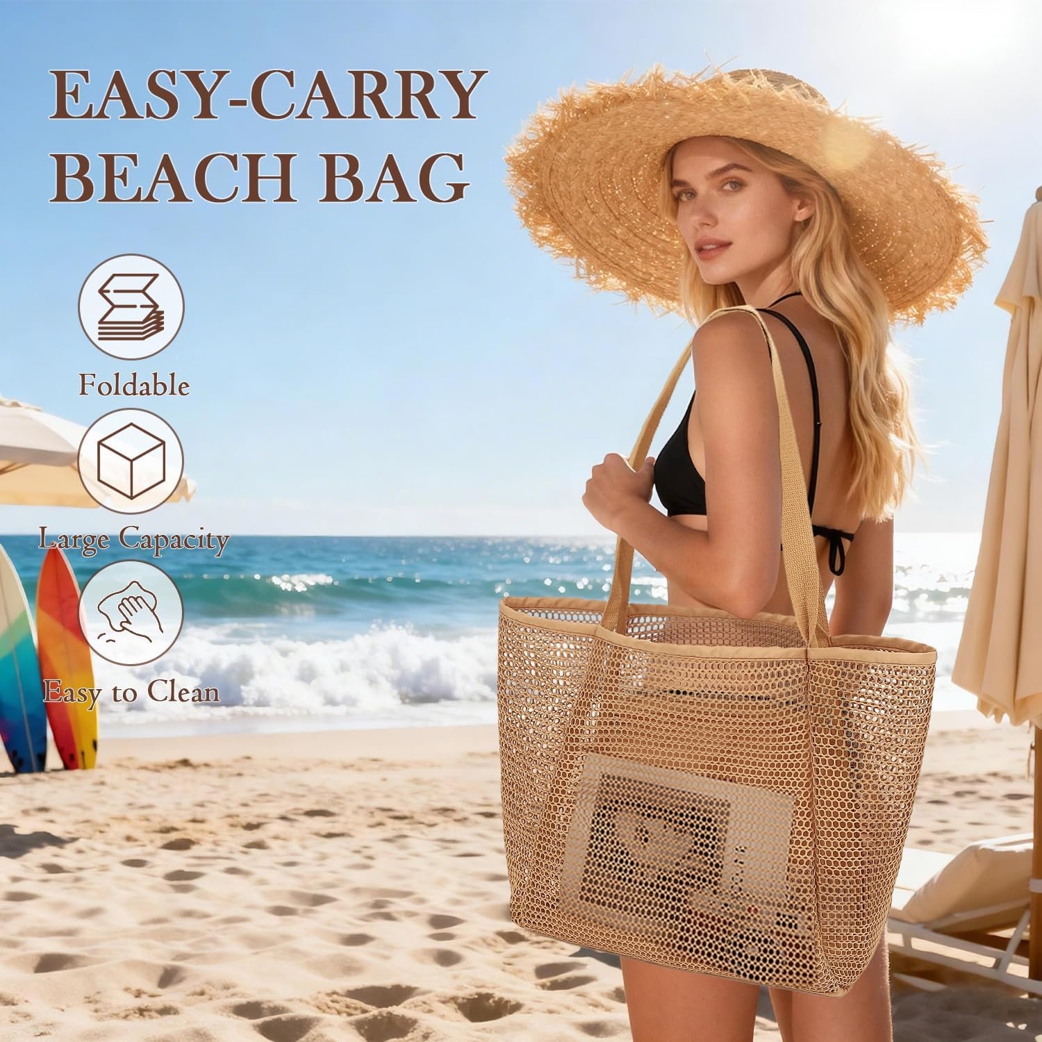 image:imageFammart Mesh Beach Bag for Women Summer Straw Tote Hobo Pool Bags with Zipper Pocket Travel Vacation Cruise Essentials 2026Large Tan
