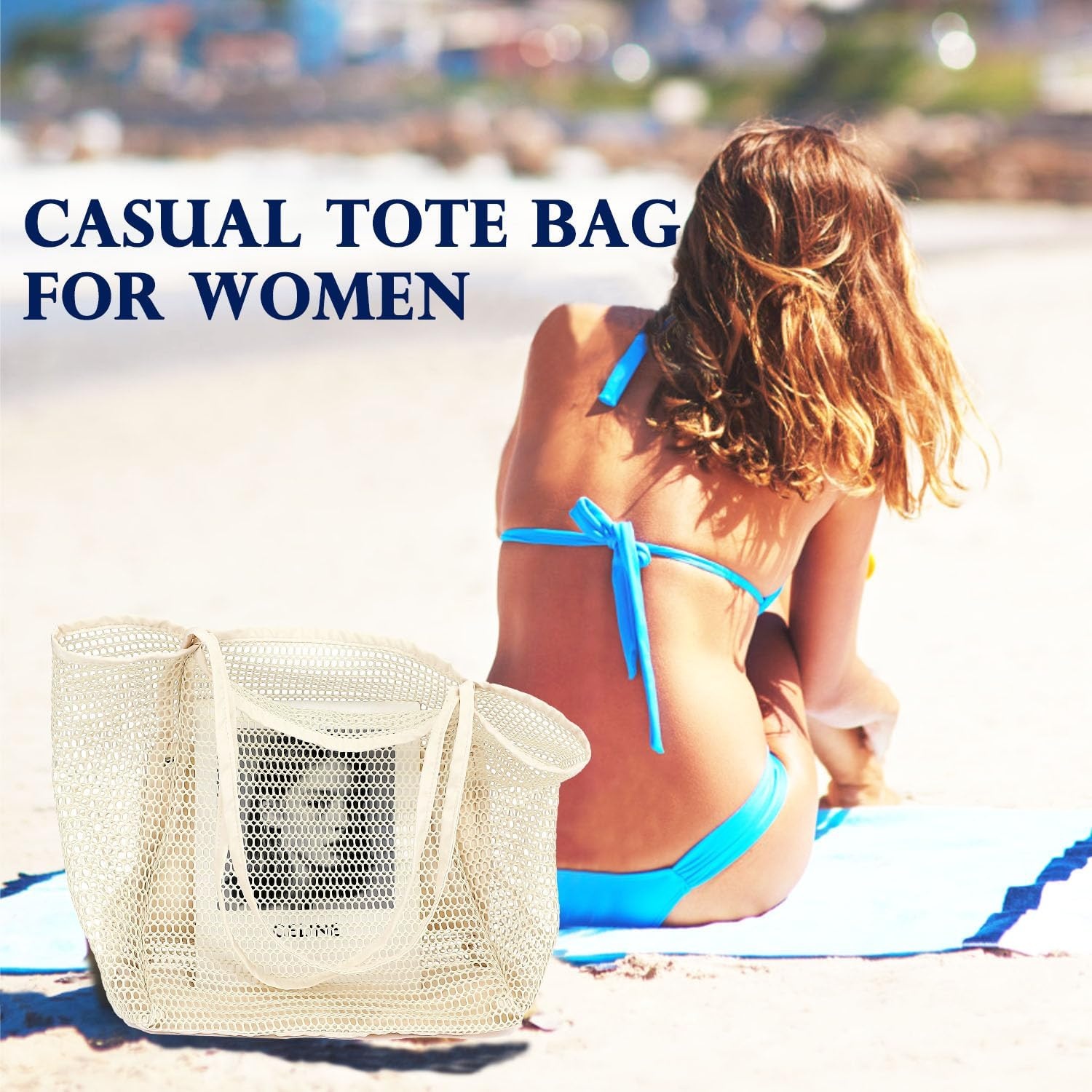 image:imageFammart Mesh Beach Bag for Women Summer Straw Tote Hobo Pool Bags with Zipper Pocket Travel Vacation Cruise Essentials 2026Large B Beige