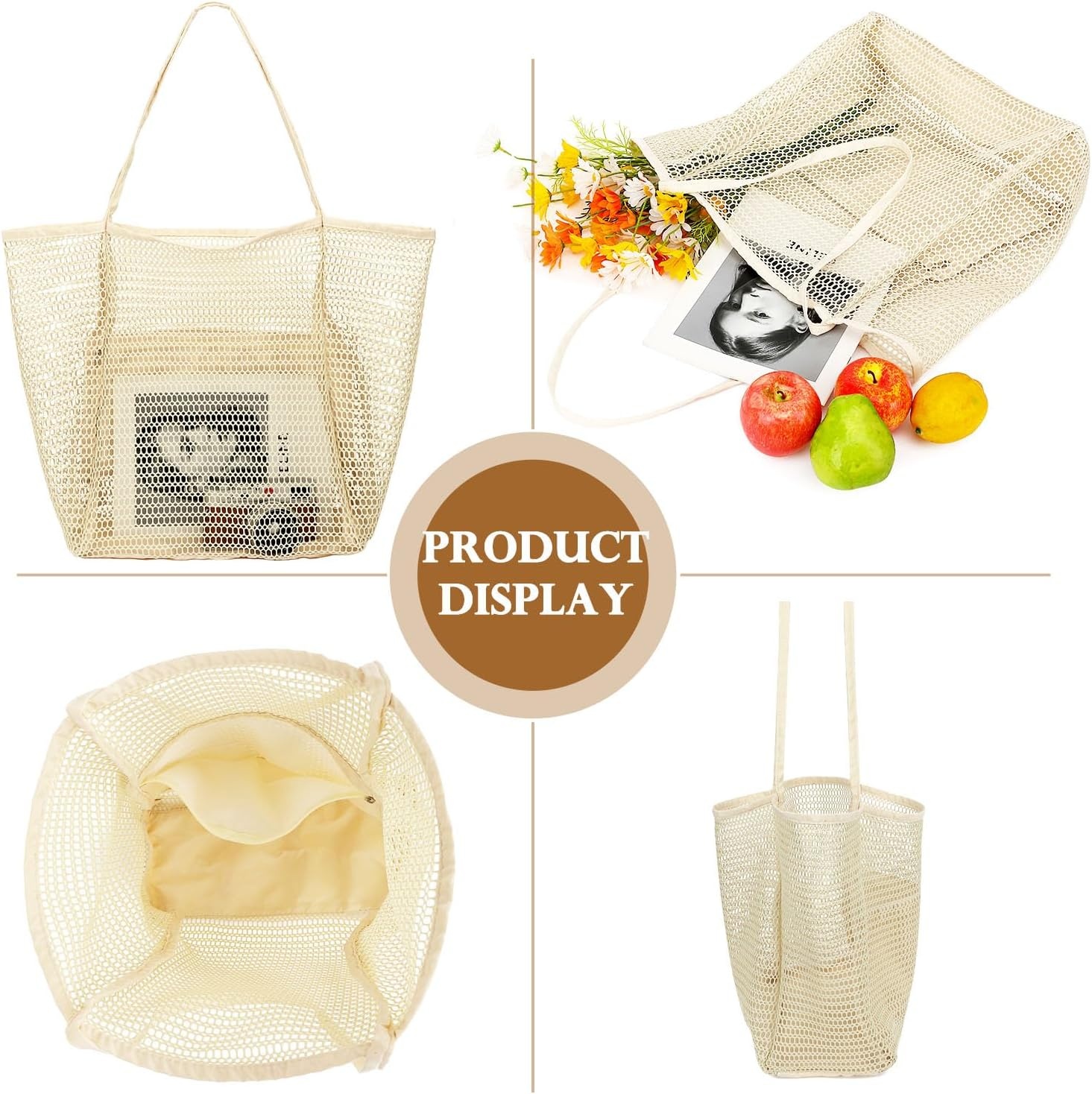 image:imageFammart Mesh Beach Bag for Women Summer Straw Tote Hobo Pool Bags with Zipper Pocket Travel Vacation Cruise Essentials 2026Large B Beige