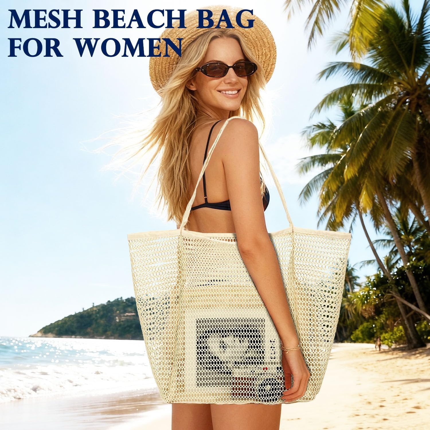 image:imageFammart Mesh Beach Bag for Women Summer Straw Tote Hobo Pool Bags with Zipper Pocket Travel Vacation Cruise Essentials 2026Large B Beige