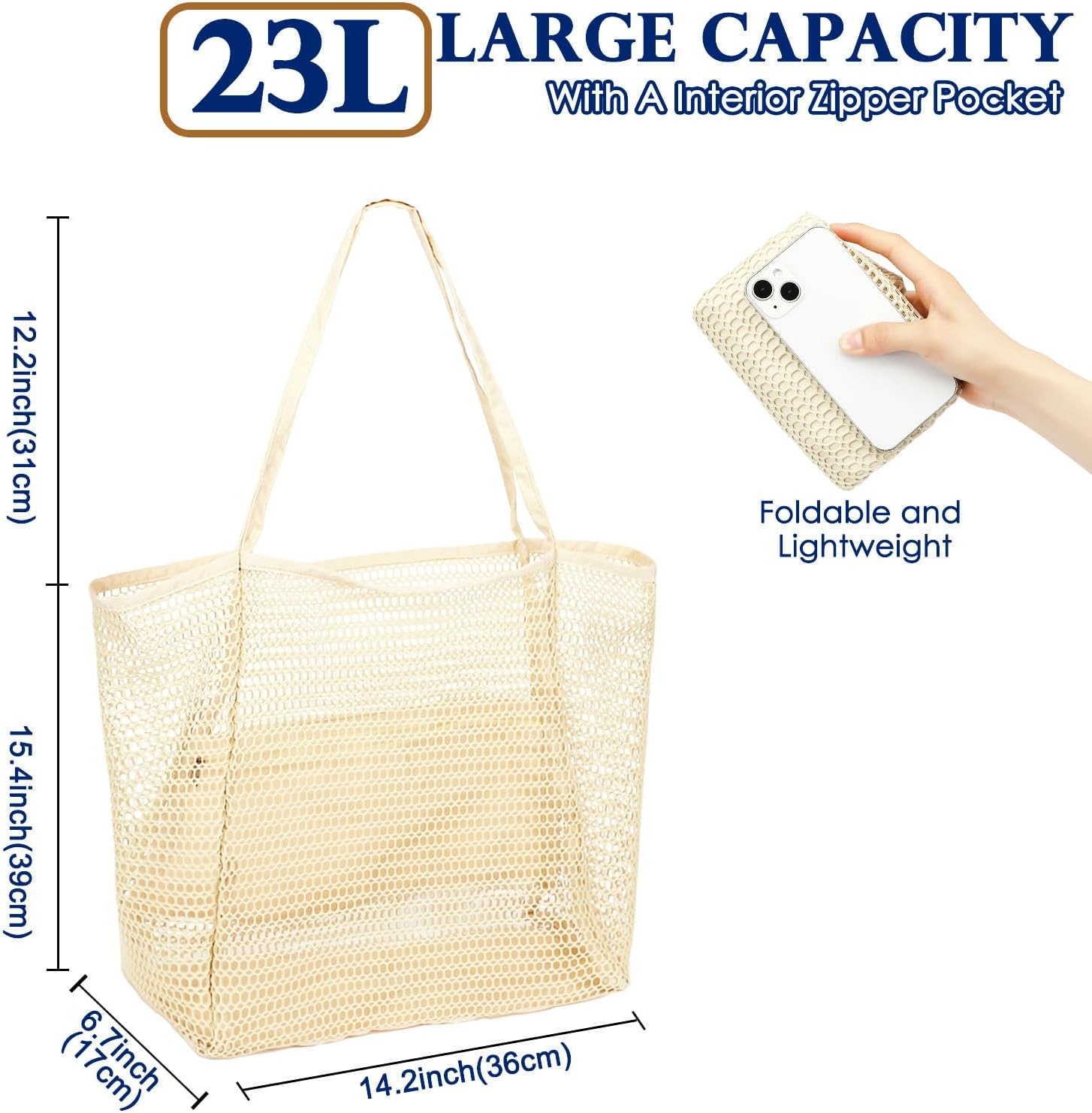 image:imageFammart Mesh Beach Bag for Women Summer Straw Tote Hobo Pool Bags with Zipper Pocket Travel Vacation Cruise Essentials 2026Large B Beige