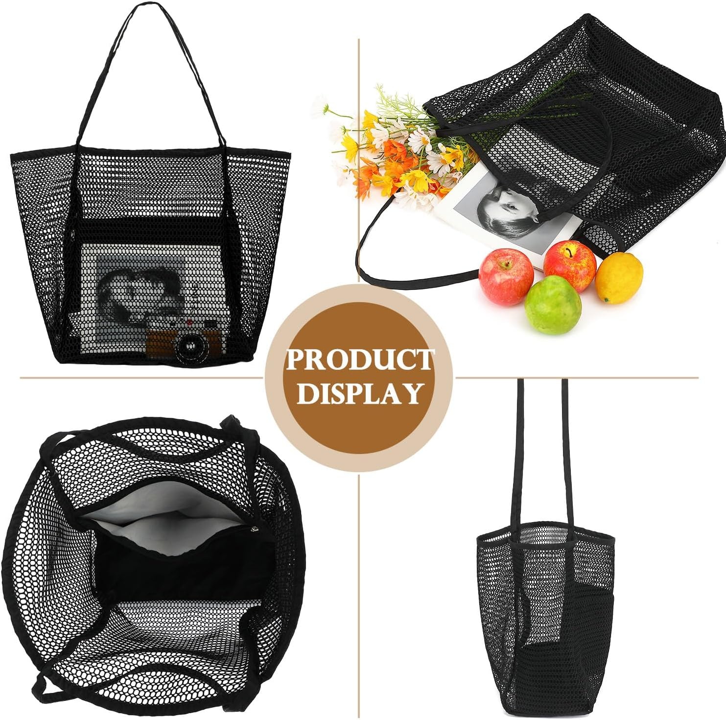 image:imageFammart Mesh Beach Bag for Women Summer Straw Tote Hobo Pool Bags with Zipper Pocket Travel Vacation Cruise Essentials 2026Large B Black