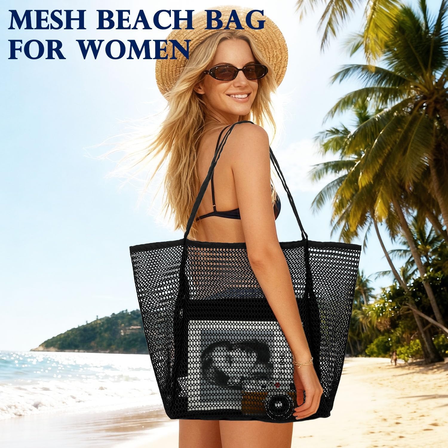 image:imageFammart Mesh Beach Bag for Women Summer Straw Tote Hobo Pool Bags with Zipper Pocket Travel Vacation Cruise Essentials 2026Large B Black