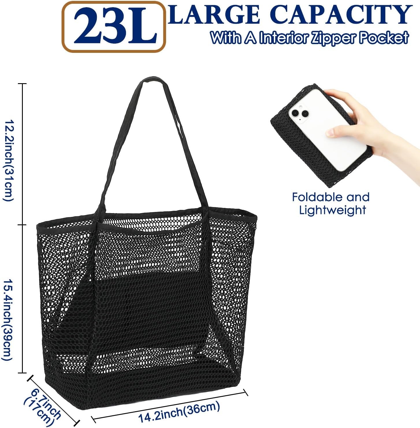 image:imageFammart Mesh Beach Bag for Women Summer Straw Tote Hobo Pool Bags with Zipper Pocket Travel Vacation Cruise Essentials 2026Large B Black
