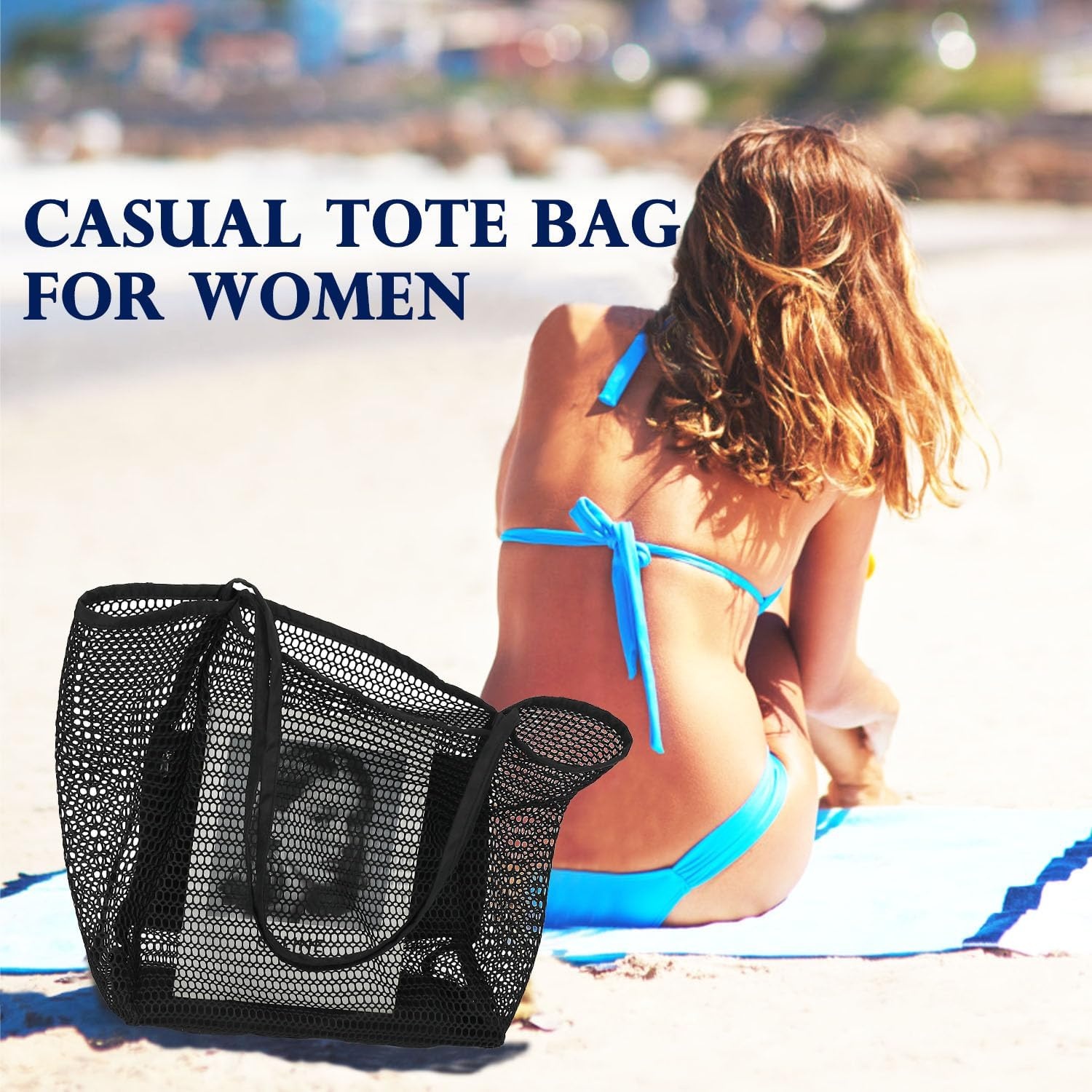 image:imageFammart Mesh Beach Bag for Women Summer Straw Tote Hobo Pool Bags with Zipper Pocket Travel Vacation Cruise Essentials 2026Large B Black