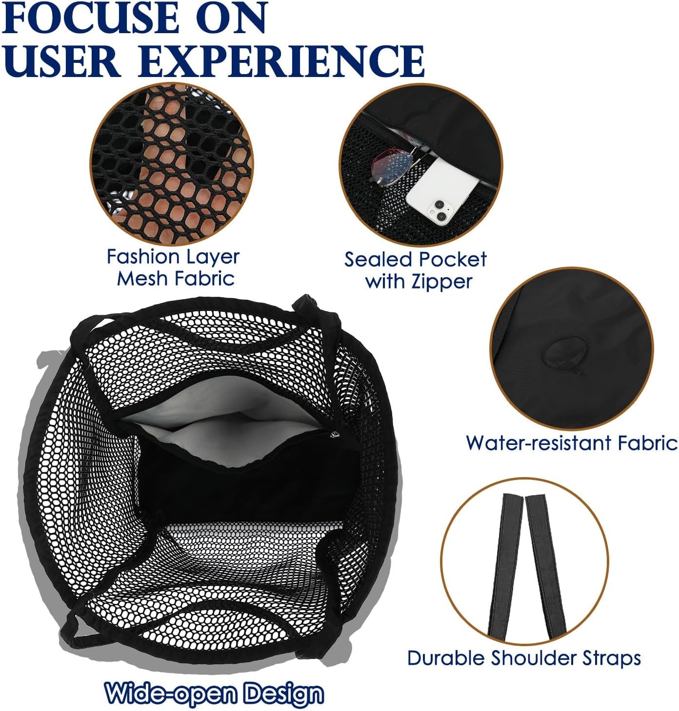 image:imageFammart Mesh Beach Bag for Women Summer Straw Tote Hobo Pool Bags with Zipper Pocket Travel Vacation Cruise Essentials 2026Large B Black