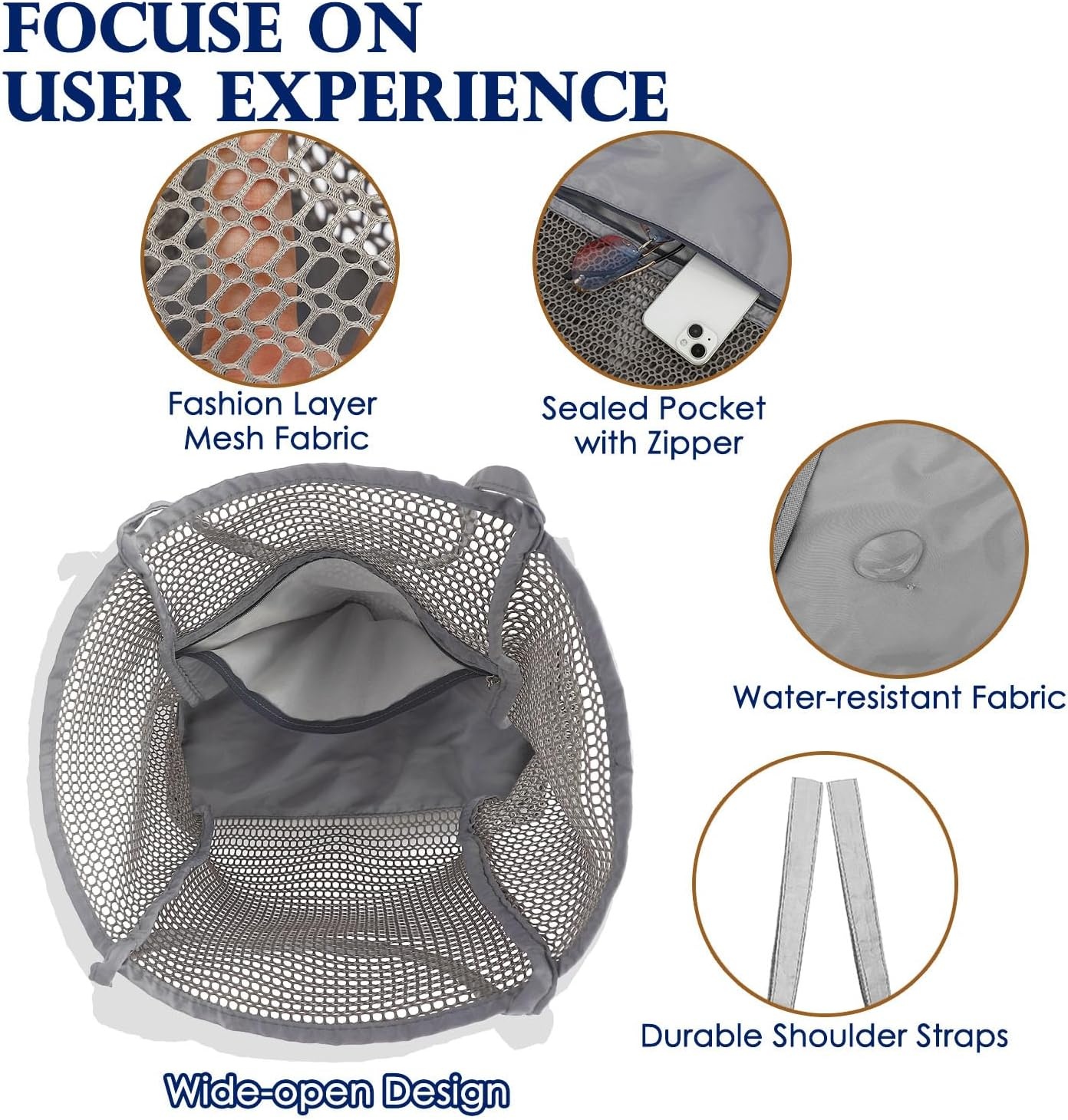 image:imageFammart Mesh Beach Bag for Women Summer Straw Tote Hobo Pool Bags with Zipper Pocket Travel Vacation Cruise Essentials 2026Large B Dark Gray