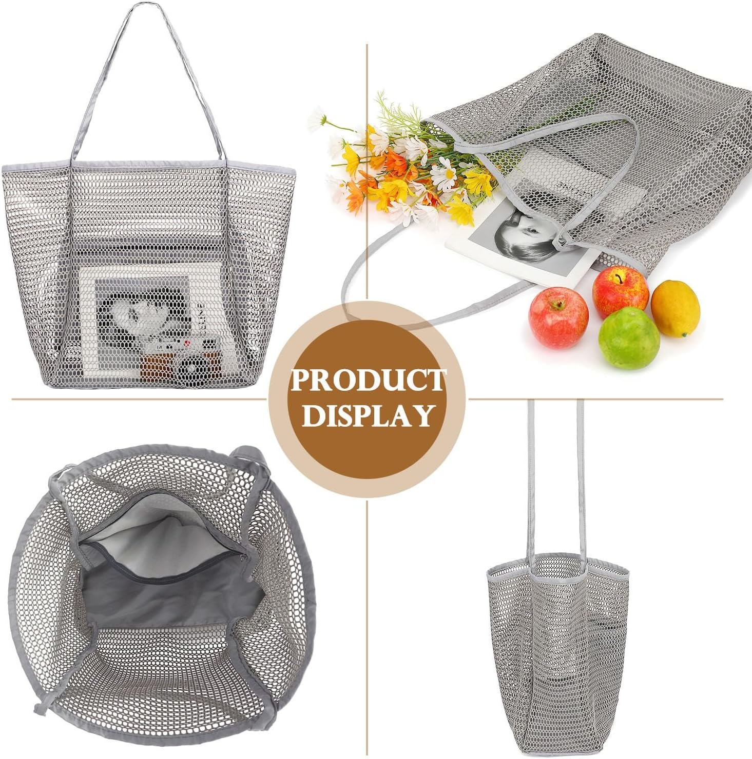 image:imageFammart Mesh Beach Bag for Women Summer Straw Tote Hobo Pool Bags with Zipper Pocket Travel Vacation Cruise Essentials 2026Large B Dark Gray