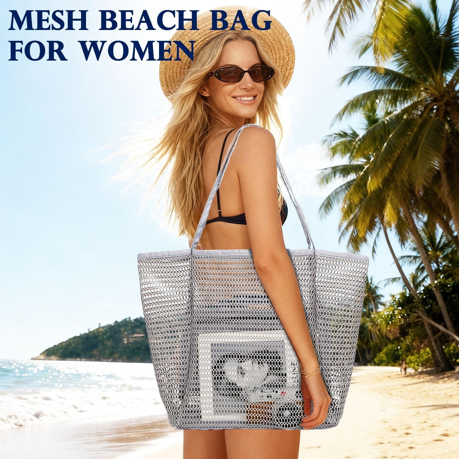 image:imageFammart Mesh Beach Bag for Women Summer Straw Tote Hobo Pool Bags with Zipper Pocket Travel Vacation Cruise Essentials 2026Large B Dark Gray