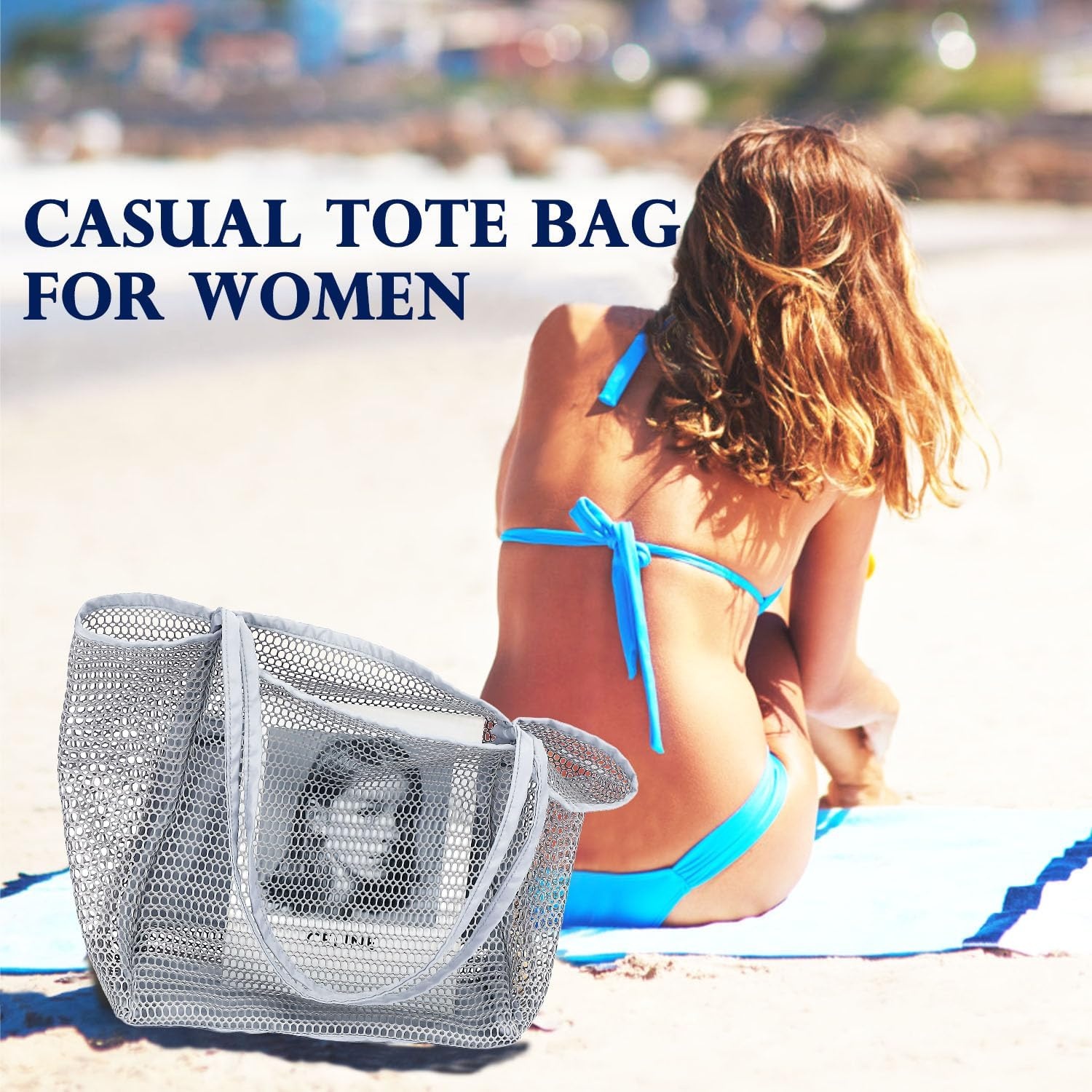 image:imageFammart Mesh Beach Bag for Women Summer Straw Tote Hobo Pool Bags with Zipper Pocket Travel Vacation Cruise Essentials 2026Large B Dark Gray