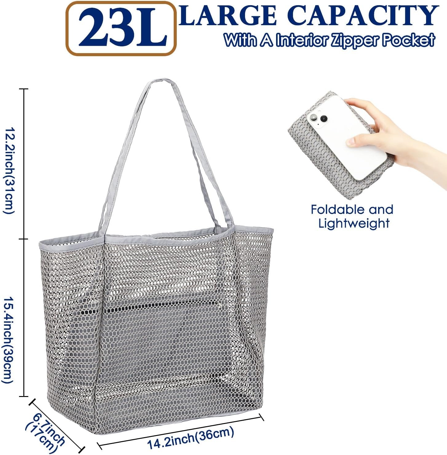 image:imageFammart Mesh Beach Bag for Women Summer Straw Tote Hobo Pool Bags with Zipper Pocket Travel Vacation Cruise Essentials 2026Large B Dark Gray