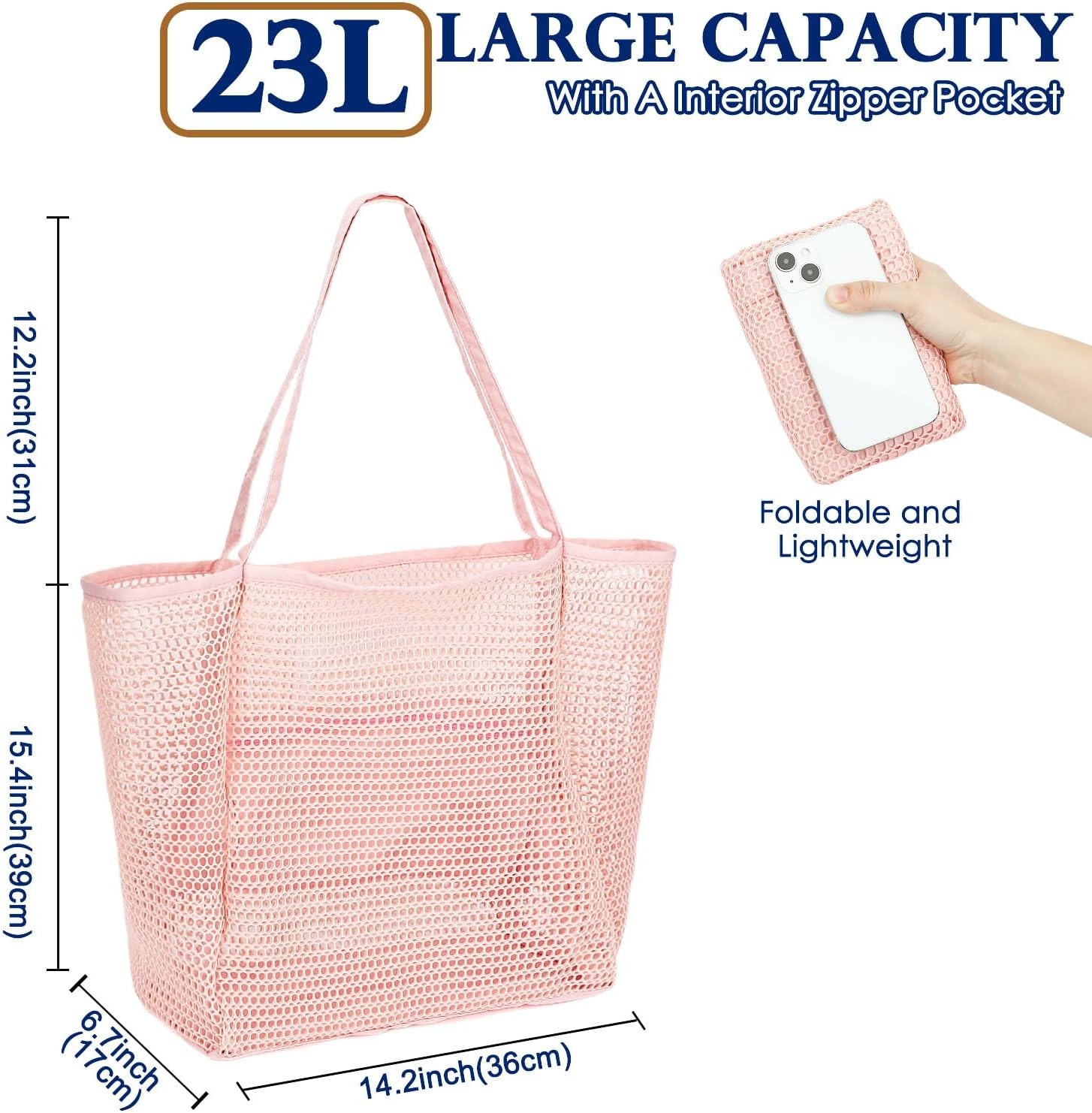 image:imageFammart Mesh Beach Bag for Women Summer Straw Tote Hobo Pool Bags with Zipper Pocket Travel Vacation Cruise Essentials 2026Large B Pink