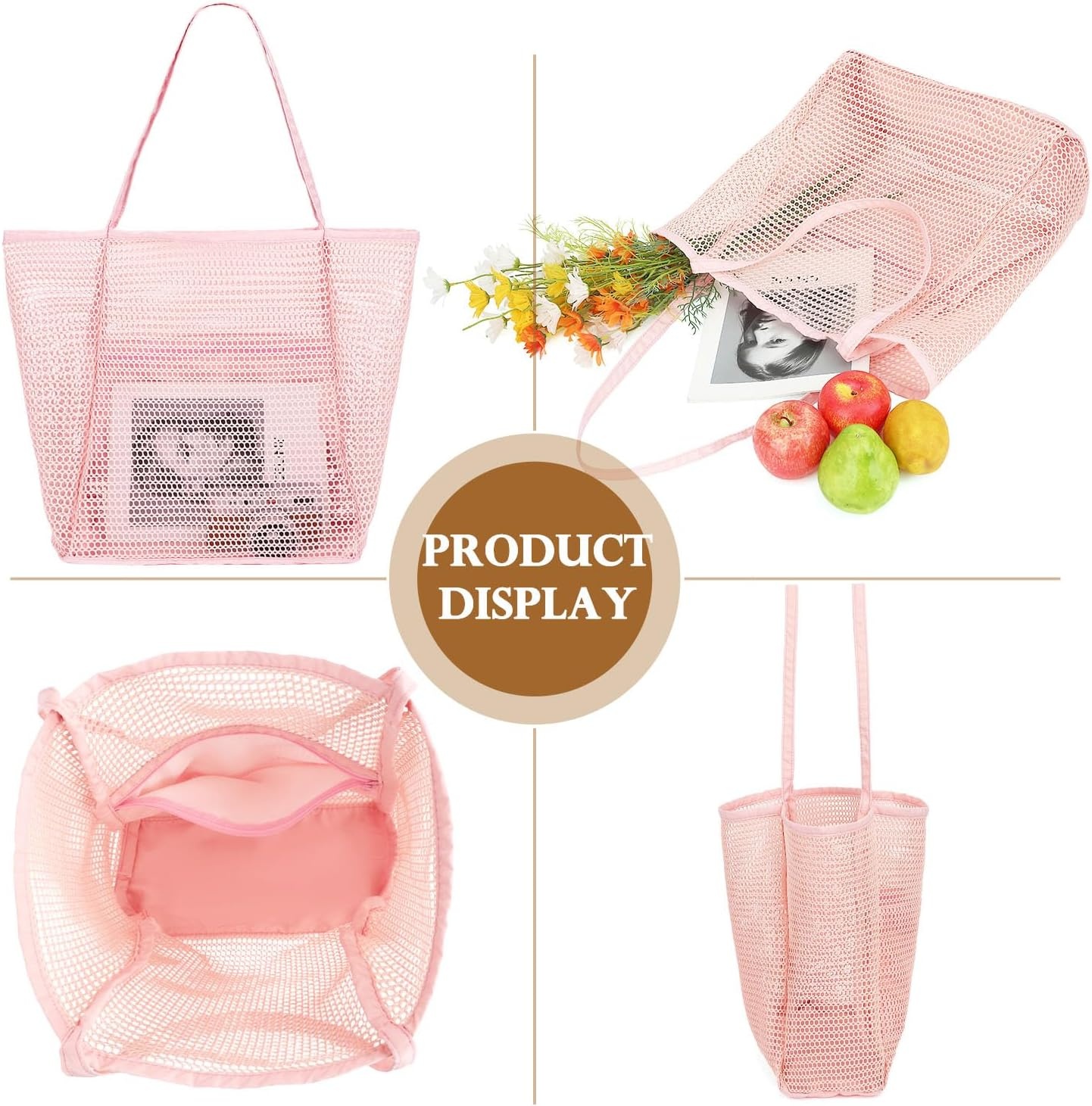 image:imageFammart Mesh Beach Bag for Women Summer Straw Tote Hobo Pool Bags with Zipper Pocket Travel Vacation Cruise Essentials 2026Large B Pink