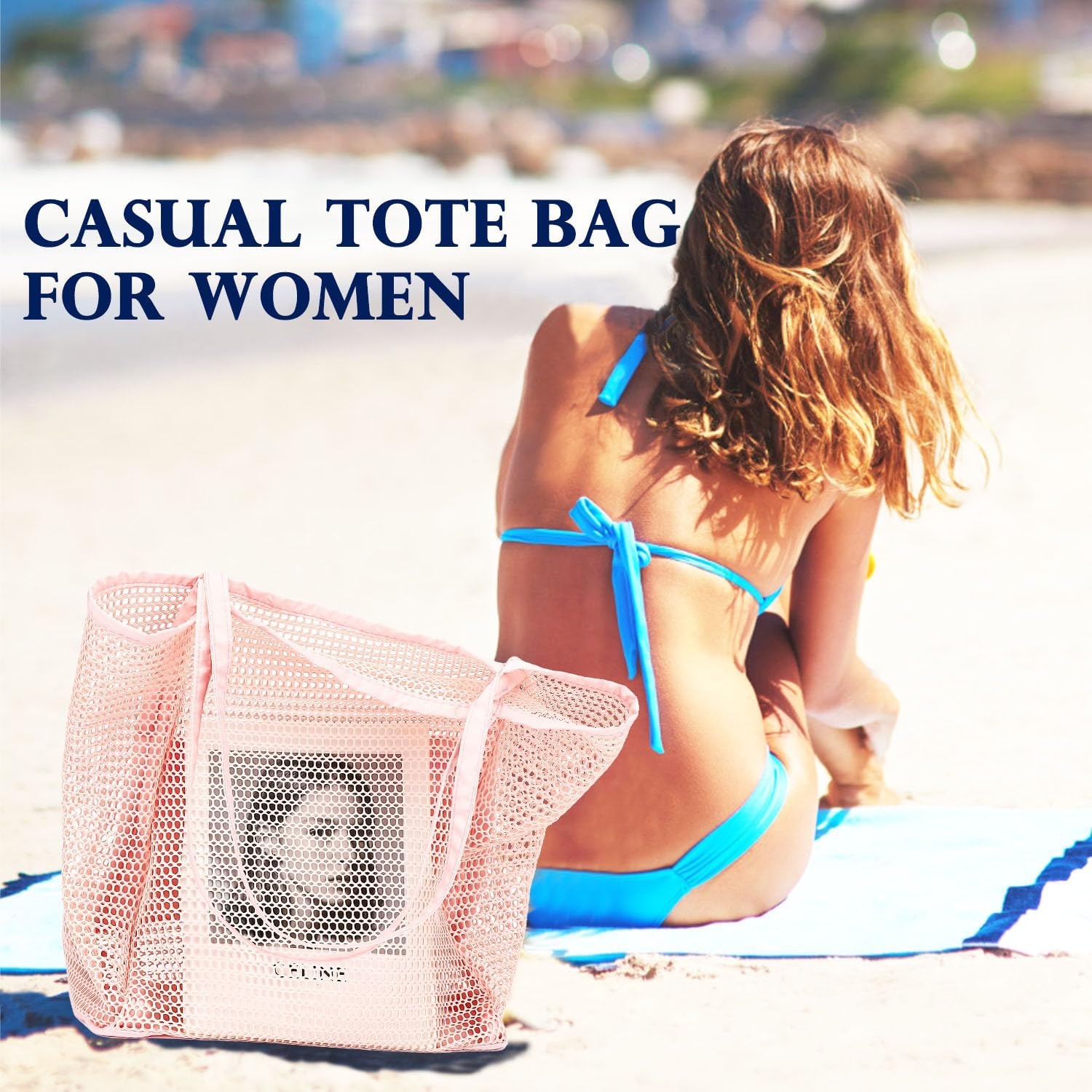 image:imageFammart Mesh Beach Bag for Women Summer Straw Tote Hobo Pool Bags with Zipper Pocket Travel Vacation Cruise Essentials 2026Large B Pink