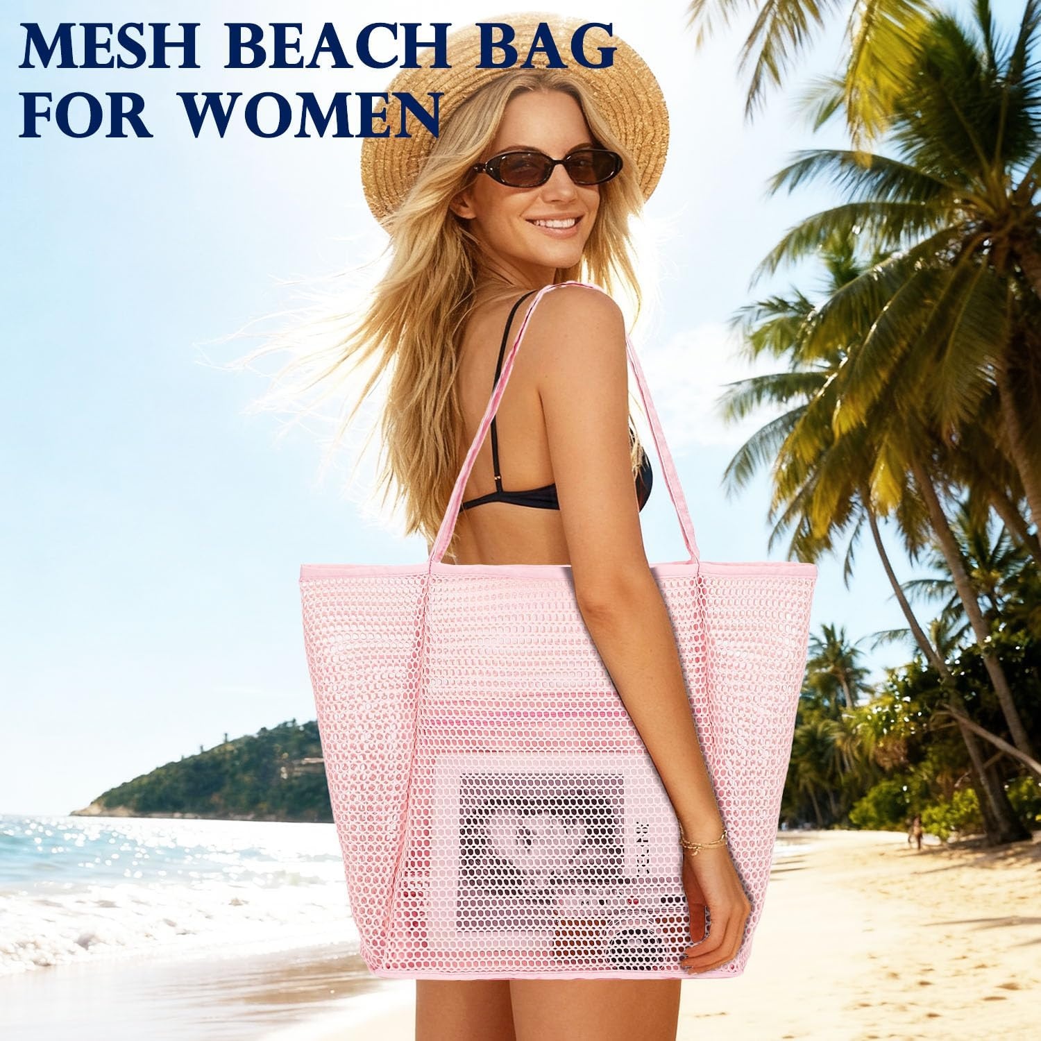 image:imageFammart Mesh Beach Bag for Women Summer Straw Tote Hobo Pool Bags with Zipper Pocket Travel Vacation Cruise Essentials 2026Large B Pink
