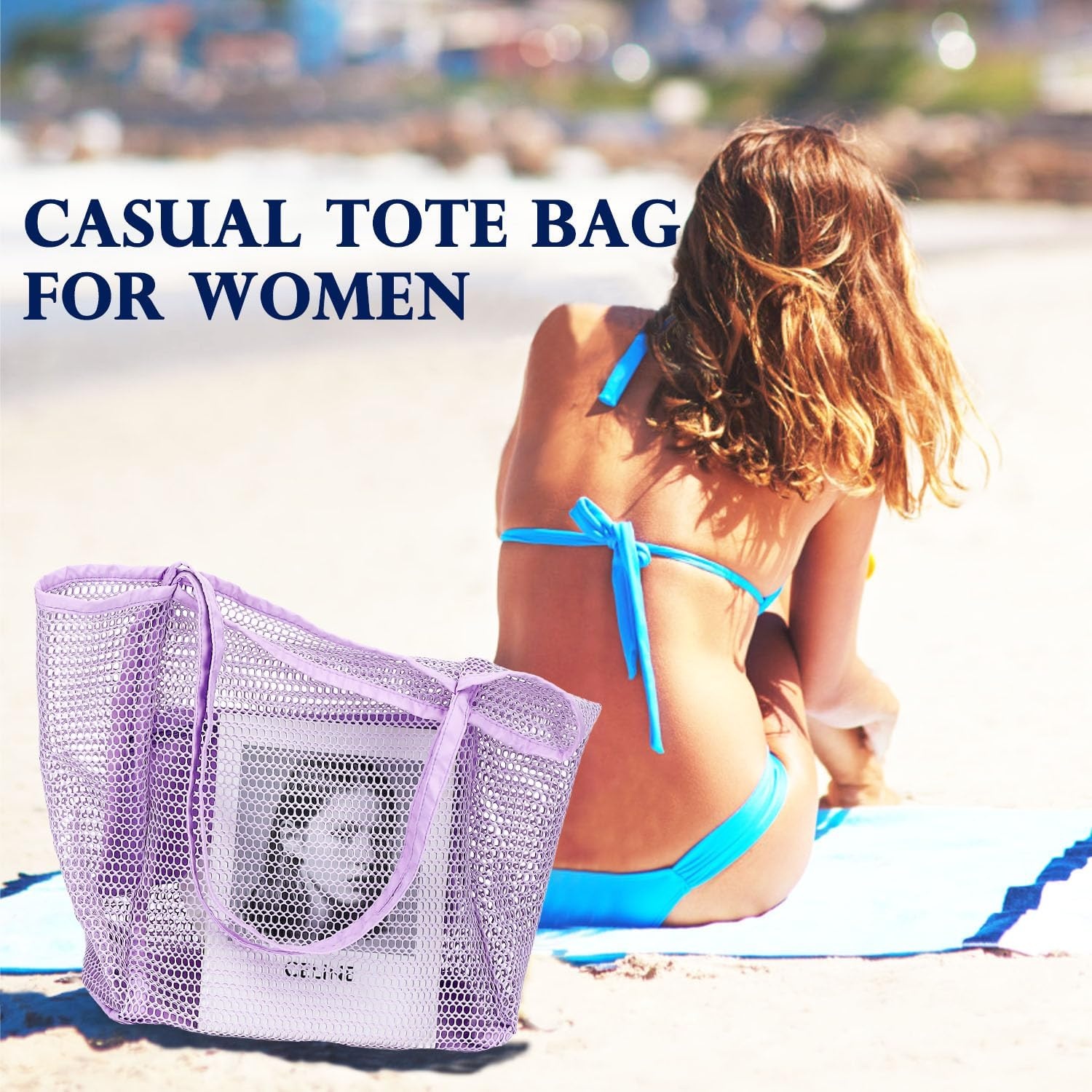 image:imageFammart Mesh Beach Bag for Women Summer Straw Tote Hobo Pool Bags with Zipper Pocket Travel Vacation Cruise Essentials 2026Large B Purple