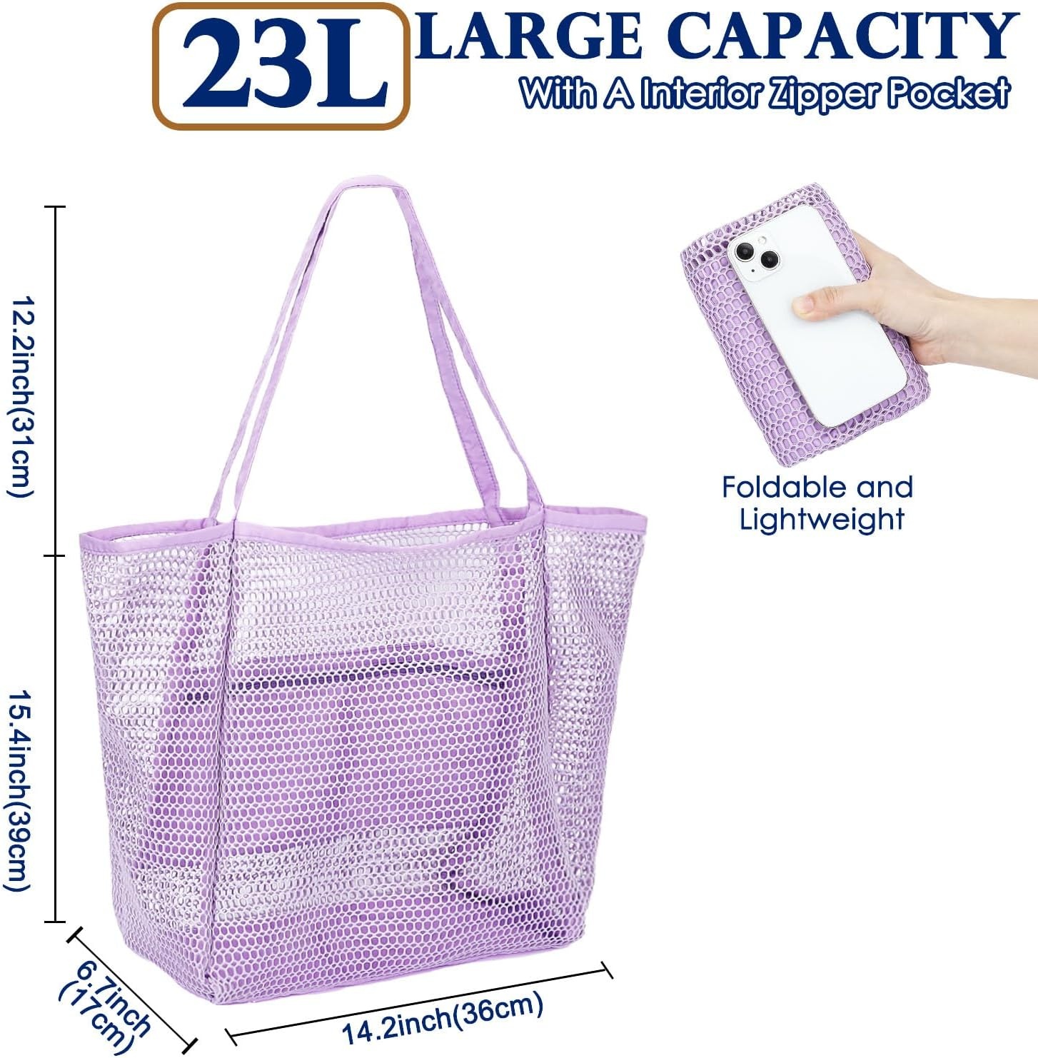 image:imageFammart Mesh Beach Bag for Women Summer Straw Tote Hobo Pool Bags with Zipper Pocket Travel Vacation Cruise Essentials 2026Large B Purple