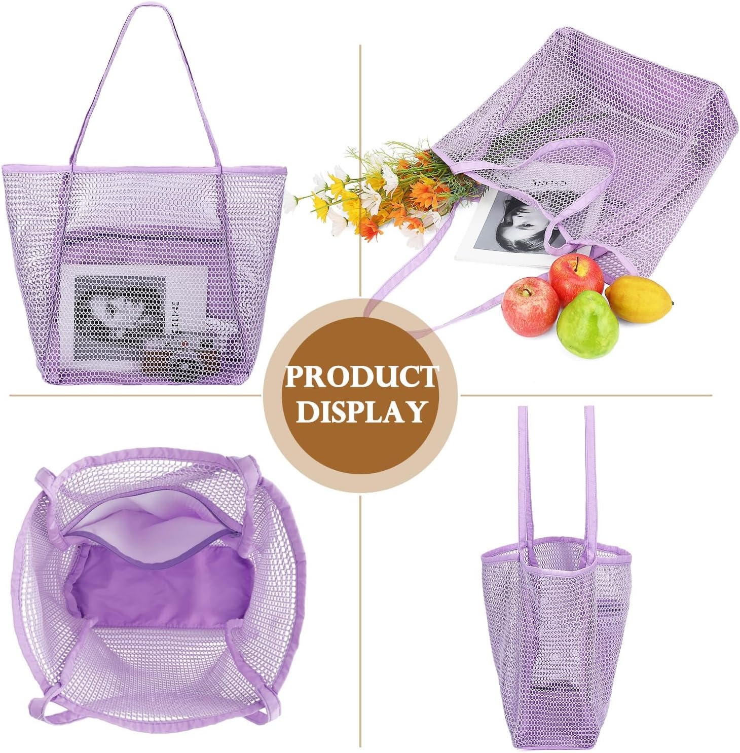 image:imageFammart Mesh Beach Bag for Women Summer Straw Tote Hobo Pool Bags with Zipper Pocket Travel Vacation Cruise Essentials 2026Large B Purple