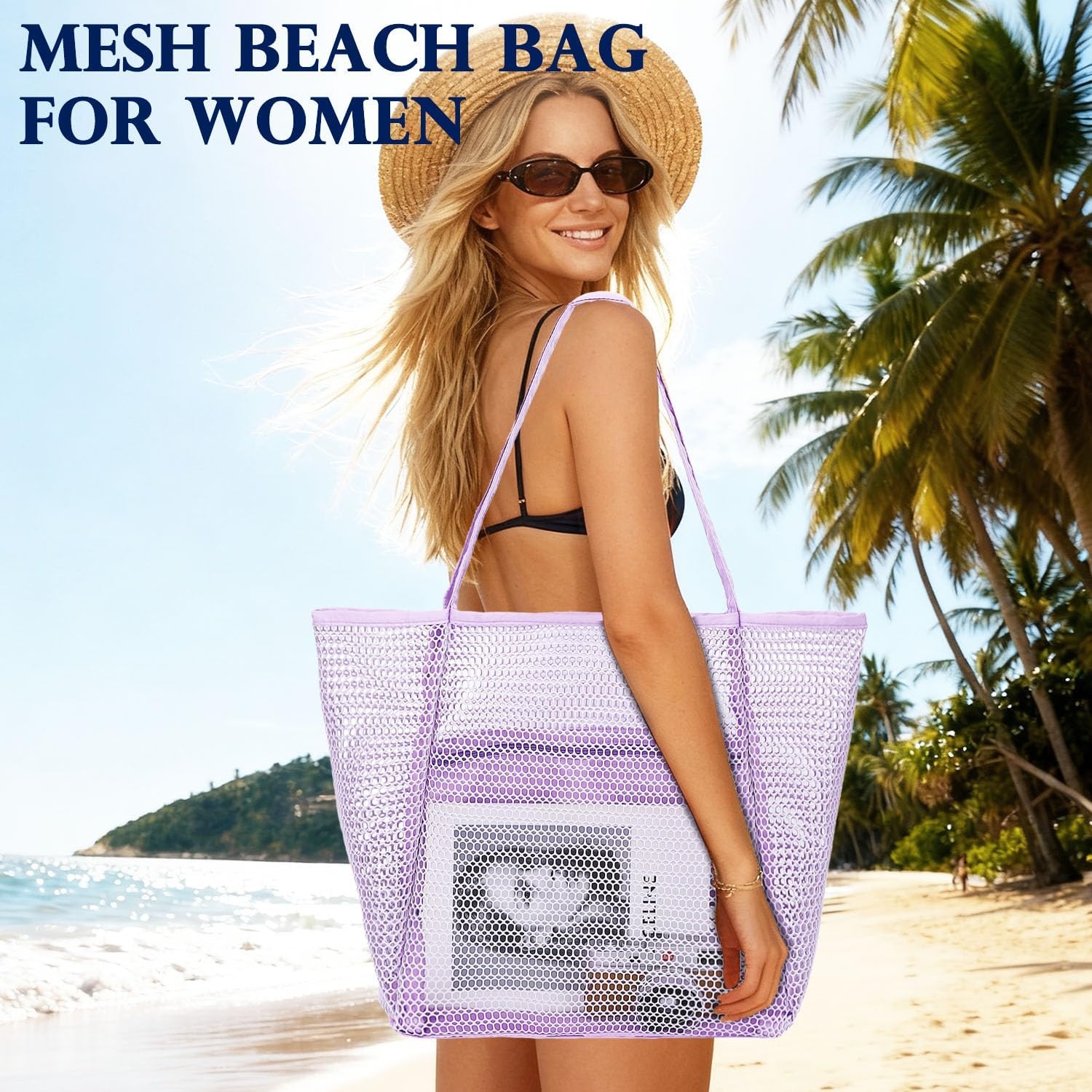 image:imageFammart Mesh Beach Bag for Women Summer Straw Tote Hobo Pool Bags with Zipper Pocket Travel Vacation Cruise Essentials 2026Large B Purple