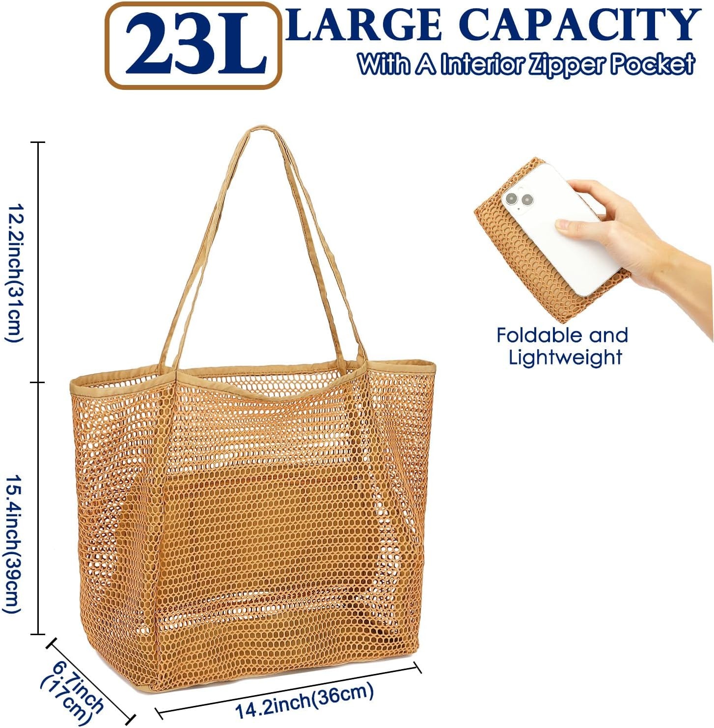 image:imageFammart Mesh Beach Bag for Women Summer Straw Tote Hobo Pool Bags with Zipper Pocket Travel Vacation Cruise Essentials 2026Large B Tan