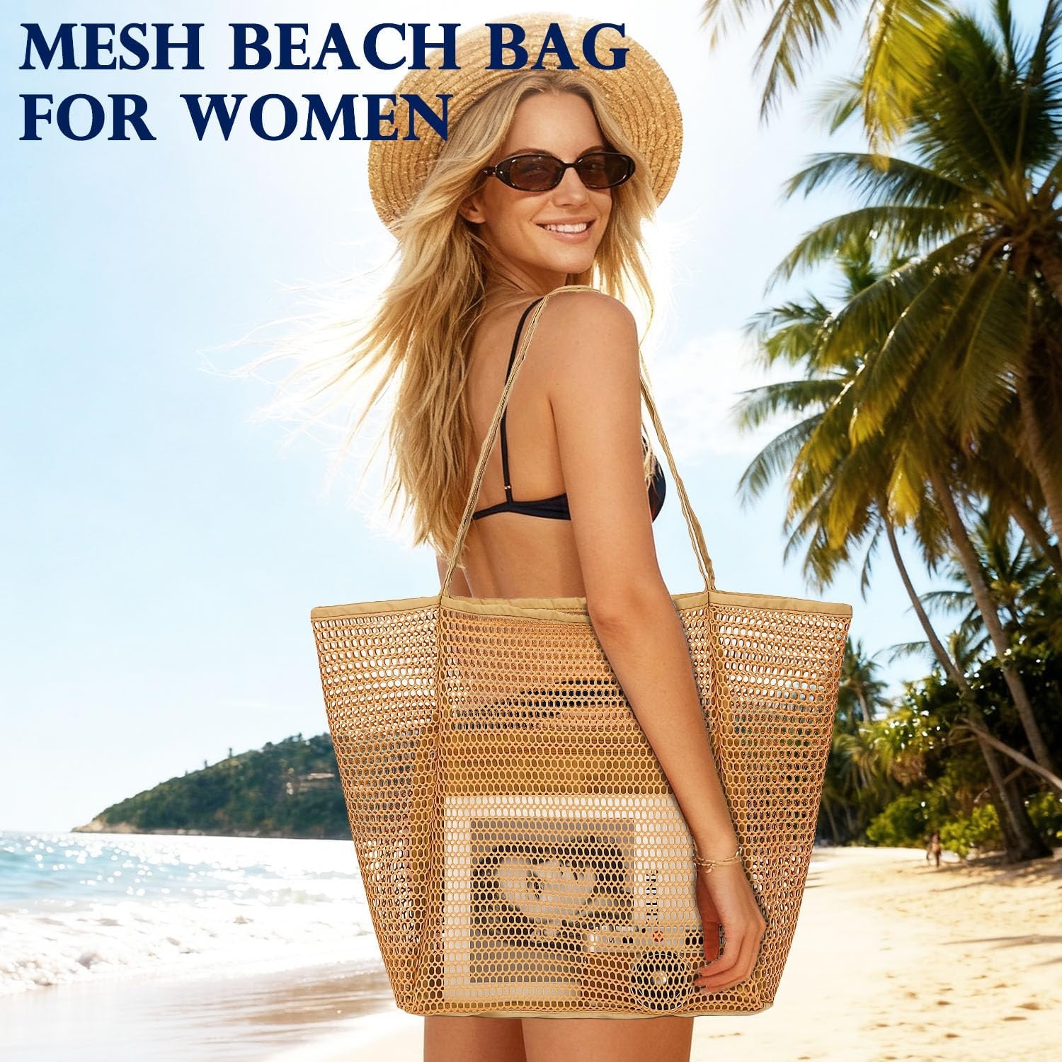 image:imageFammart Mesh Beach Bag for Women Summer Straw Tote Hobo Pool Bags with Zipper Pocket Travel Vacation Cruise Essentials 2026Large B Tan