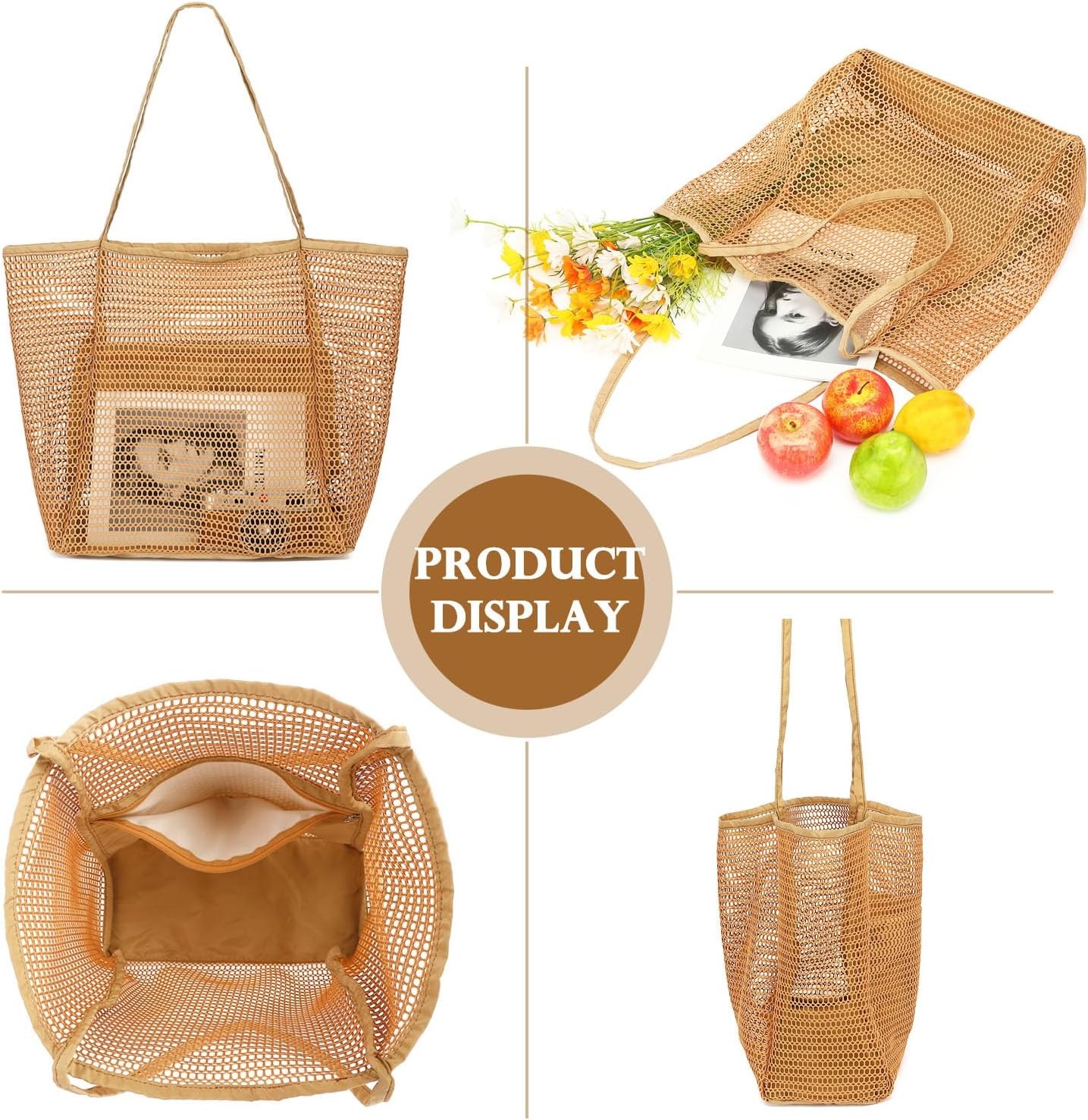 image:imageFammart Mesh Beach Bag for Women Summer Straw Tote Hobo Pool Bags with Zipper Pocket Travel Vacation Cruise Essentials 2026Large B Tan