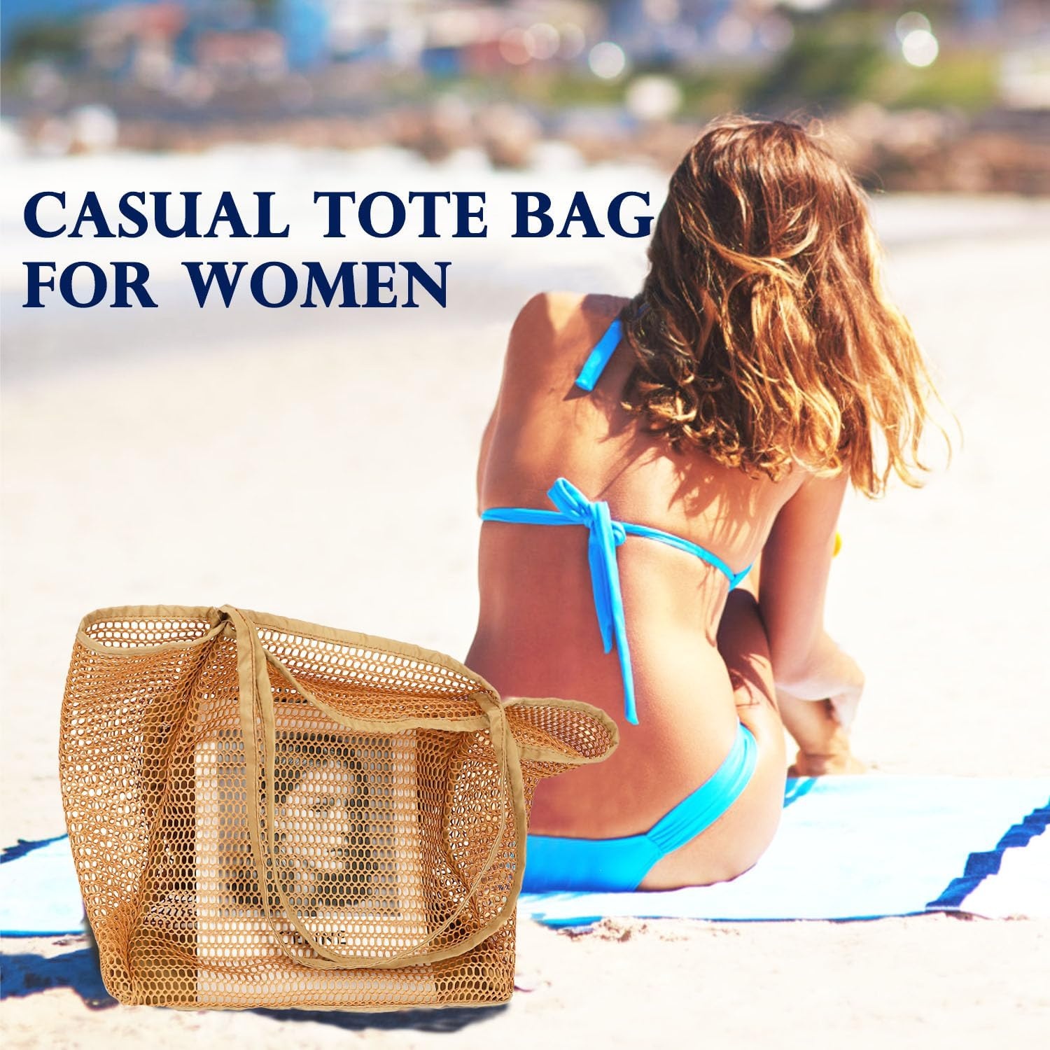 image:imageFammart Mesh Beach Bag for Women Summer Straw Tote Hobo Pool Bags with Zipper Pocket Travel Vacation Cruise Essentials 2026Large B Tan